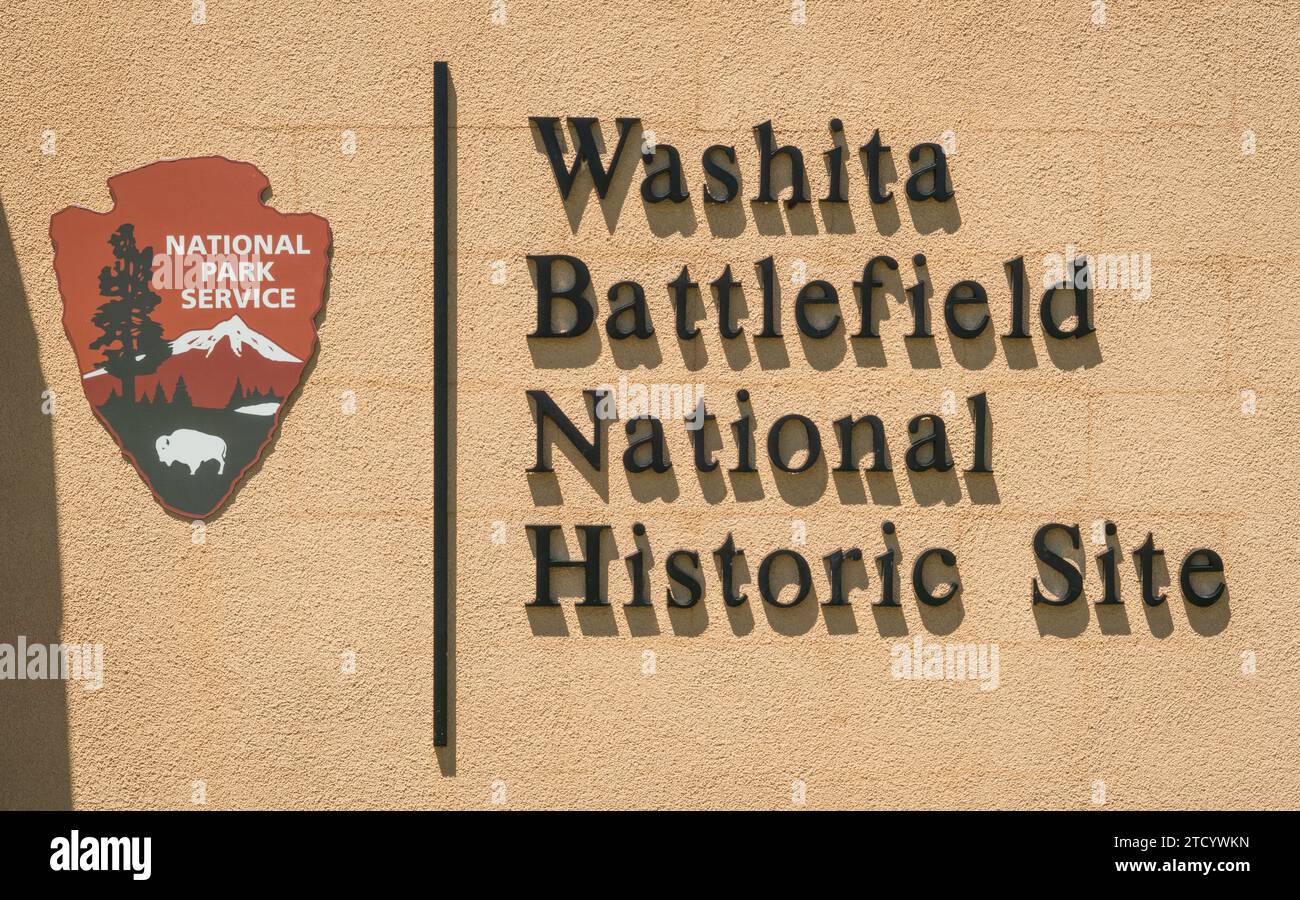 Cartello di benvenuto del National Park Service presso il Washita Battlefield National Historic Site Foto Stock