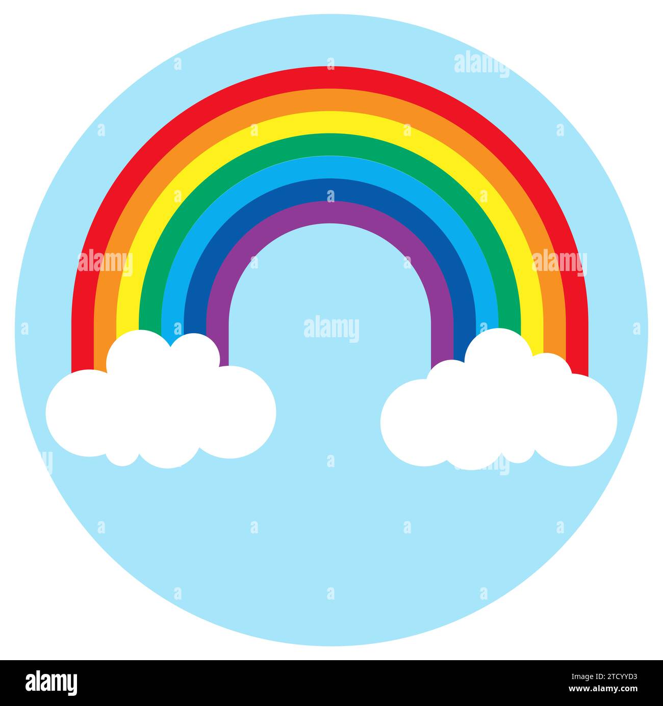 illustrazione vettoriale eps che mostra un meraviglioso arcobaleno colorato con nuvole bianche alle estremità e sfondo blu rotondo Illustrazione Vettoriale