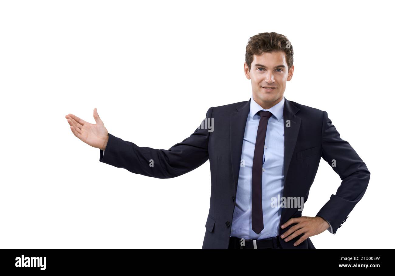 Mano, gesto e ritratto di uomo d'affari in mockup, spazio e pubblicità vuota in studio. Fiducioso, imprenditore e gesto per mostrare la possibilità di scegliere Foto Stock