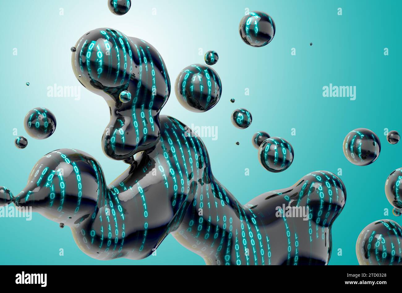 Illustrazione astratta 3D gradiente colorato goccia liquido su sfondo bianco e codice binario Foto Stock