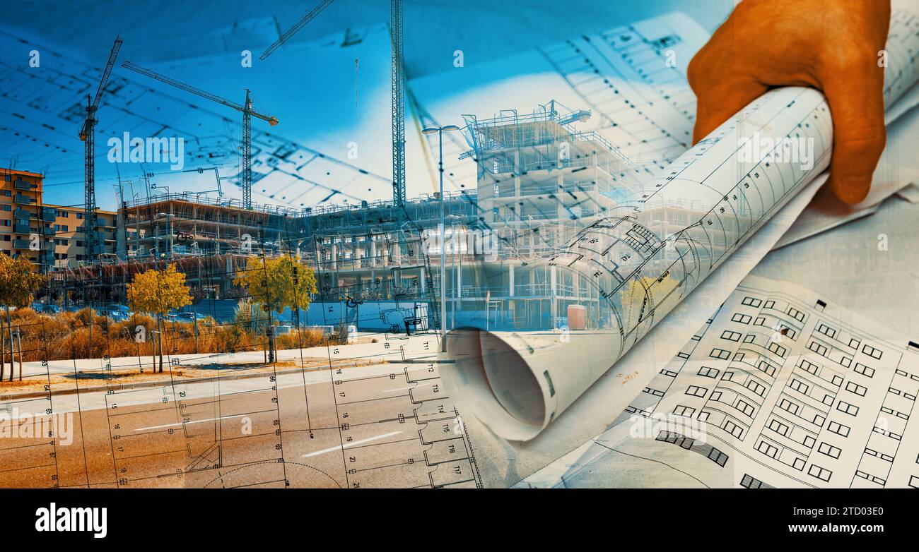 Architettura e progetto. Progettazione di architettura e ingegneria background.progetto di costruzione di edifici e case Foto Stock