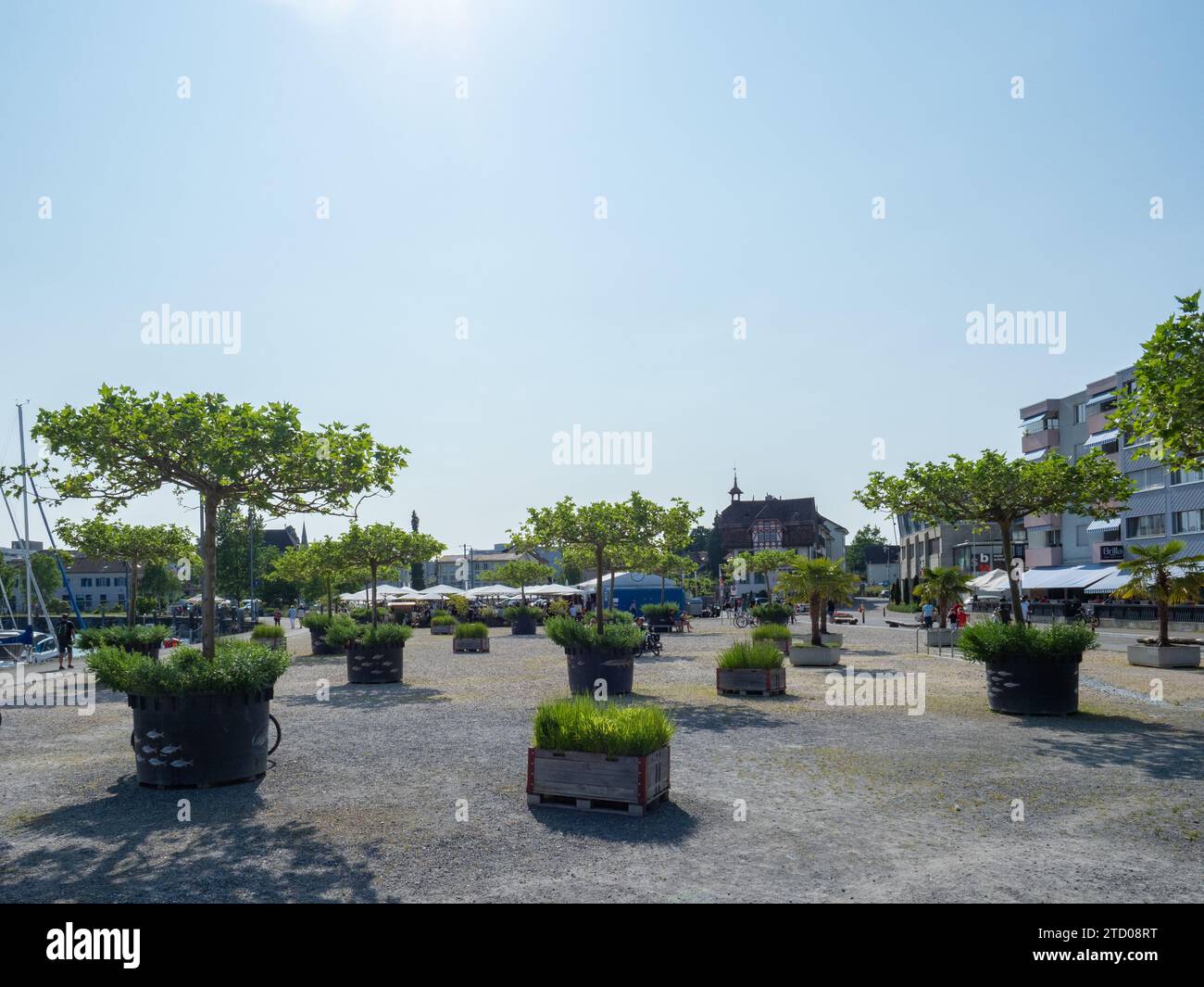 Romanshorn, Svizzera - 29 maggio 2023: Grande piazza con vaschette di piante nell'ex porto Foto Stock