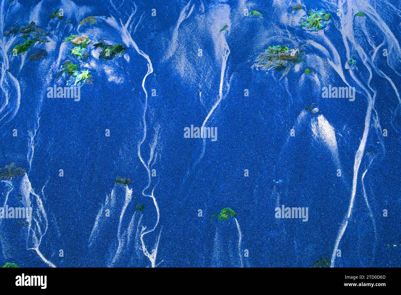 Un primo piano di motivi ondulati astratti nella sabbia blu creati dai movimenti delle maree, con macchie di alghe verdi sulla costa occidentale delle Asturie in S Foto Stock