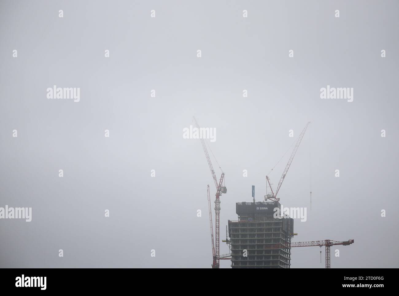 15 dicembre 2023, Amburgo: Le gru sopra la cima del cantiere Elbtower di HafenCity scompaiono nella nebbia. A 244,80 metri di altezza, il grattacielo è destinato a diventare il terzo grattacielo più alto della Germania. I lavori sul cantiere sono stati sospesi per due mesi a causa dell'insolvenza di Signa Holding. Il miliardario logistico Kühne può immaginare di essere coinvolto nel progetto di grattacielo dormiente Elbtower a HafenCity di Amburgo a determinate condizioni. Foto: Christian Charisius/dpa Credit: dpa Picture Alliance/Alamy Live News Foto Stock