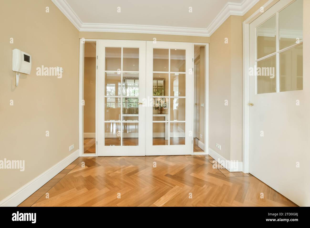 Porte in vetro chiuse con moderno interfono su pareti beige in spaziosi appartamenti contemporanei Foto Stock