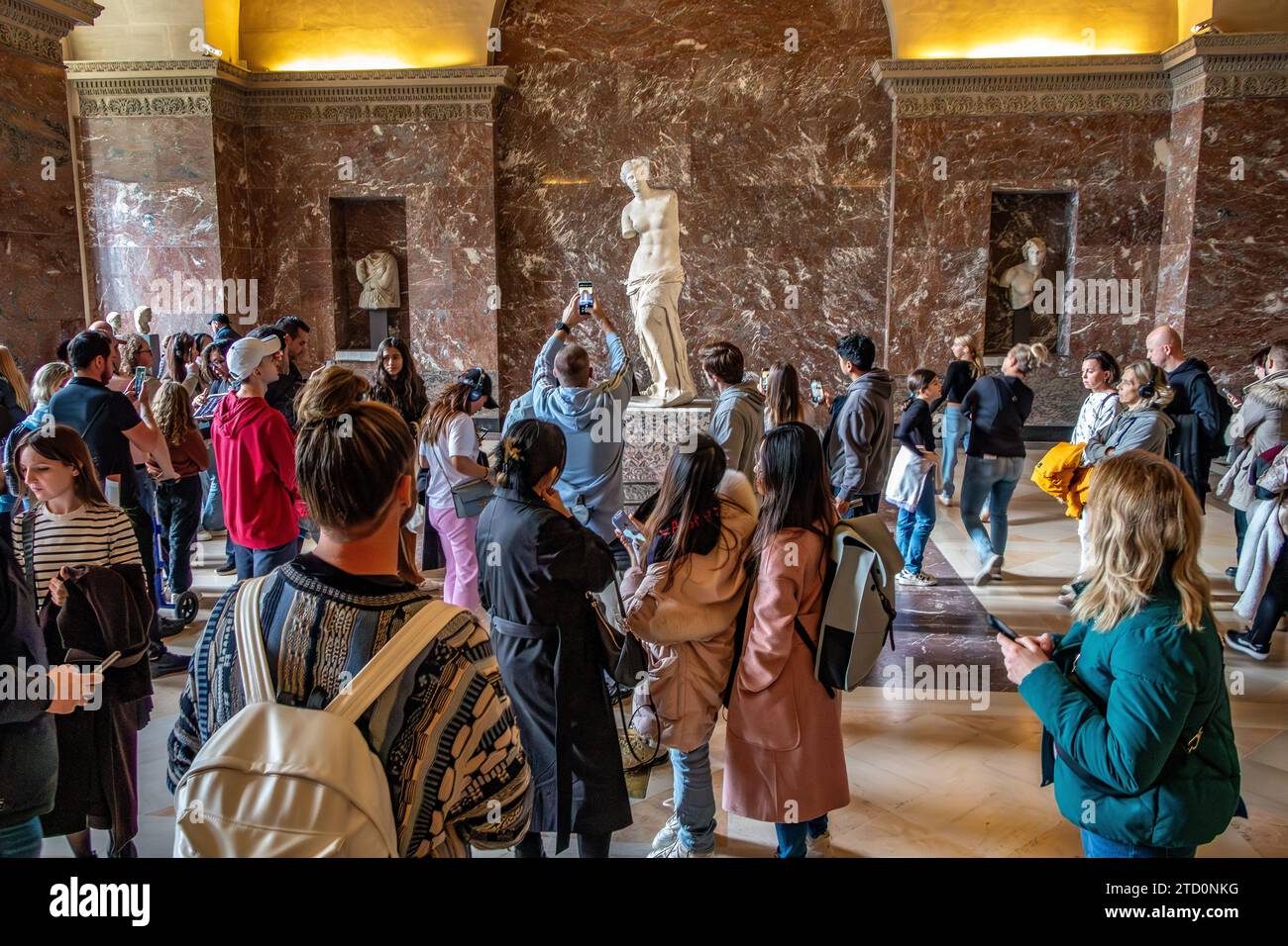 La folla si radunò intorno alla Venere di Milo, una delle opere d'arte più note al mondo e una delle principali attrazioni del Museo del Louvre di Parigi Foto Stock