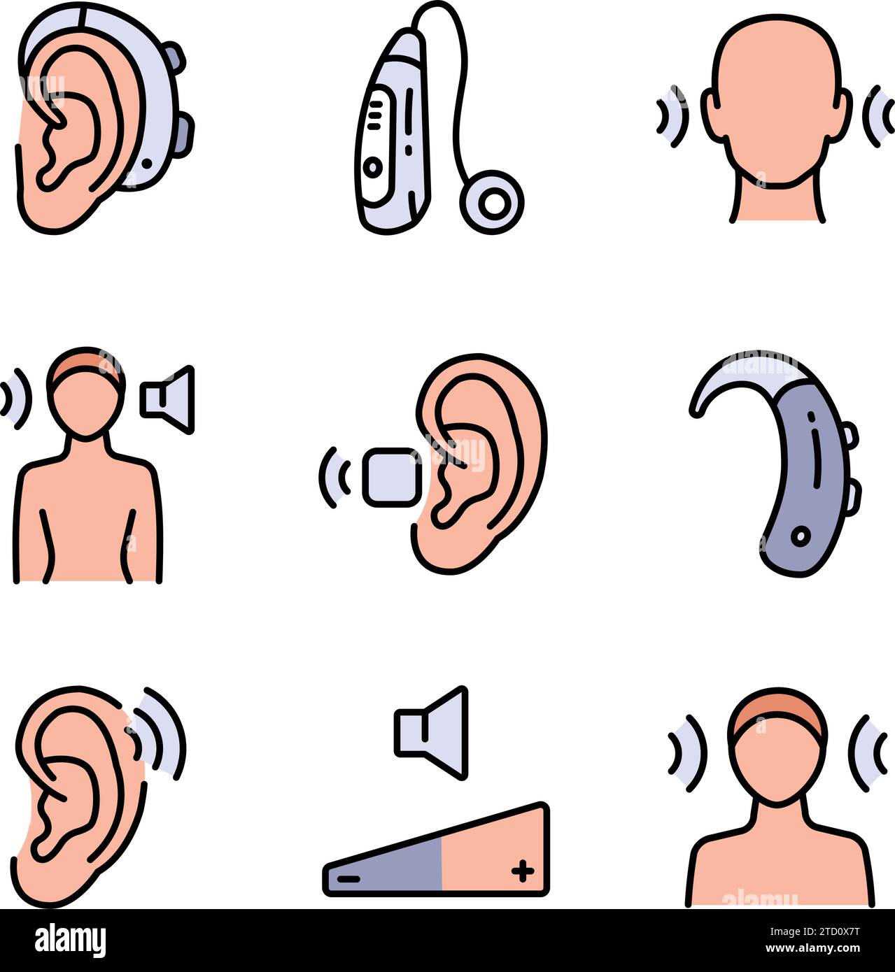 Set di icone a colori per apparecchi acustici. Volume booster per orecchie, per sordi vecchi e giovani. Per un udito migliore, semplice raccolta di icone. Illustrazione Vettoriale