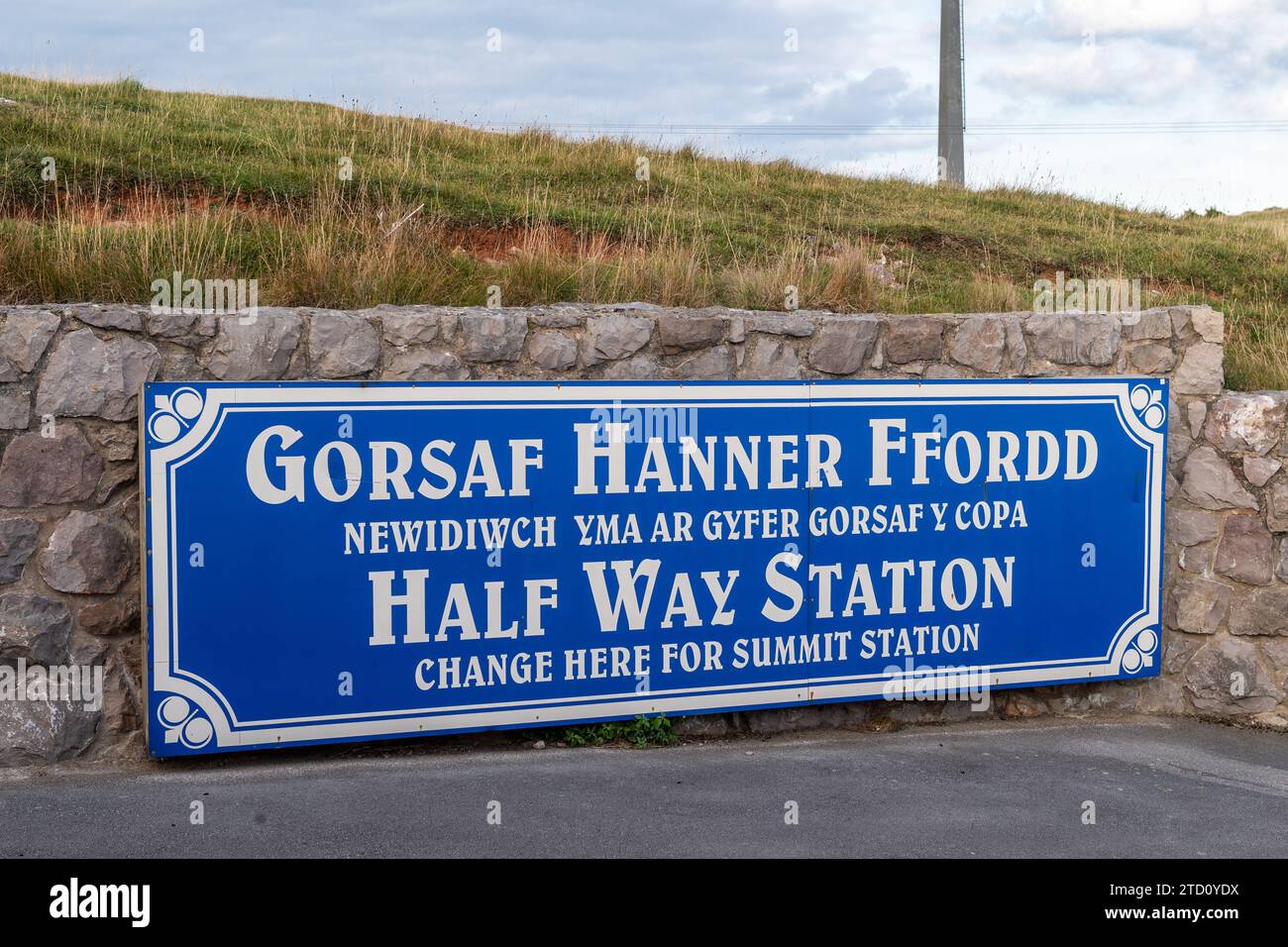 Indicazione per la stazione della funivia Great orme Tramway, Llandudno, North Wales, UK. Foto Stock