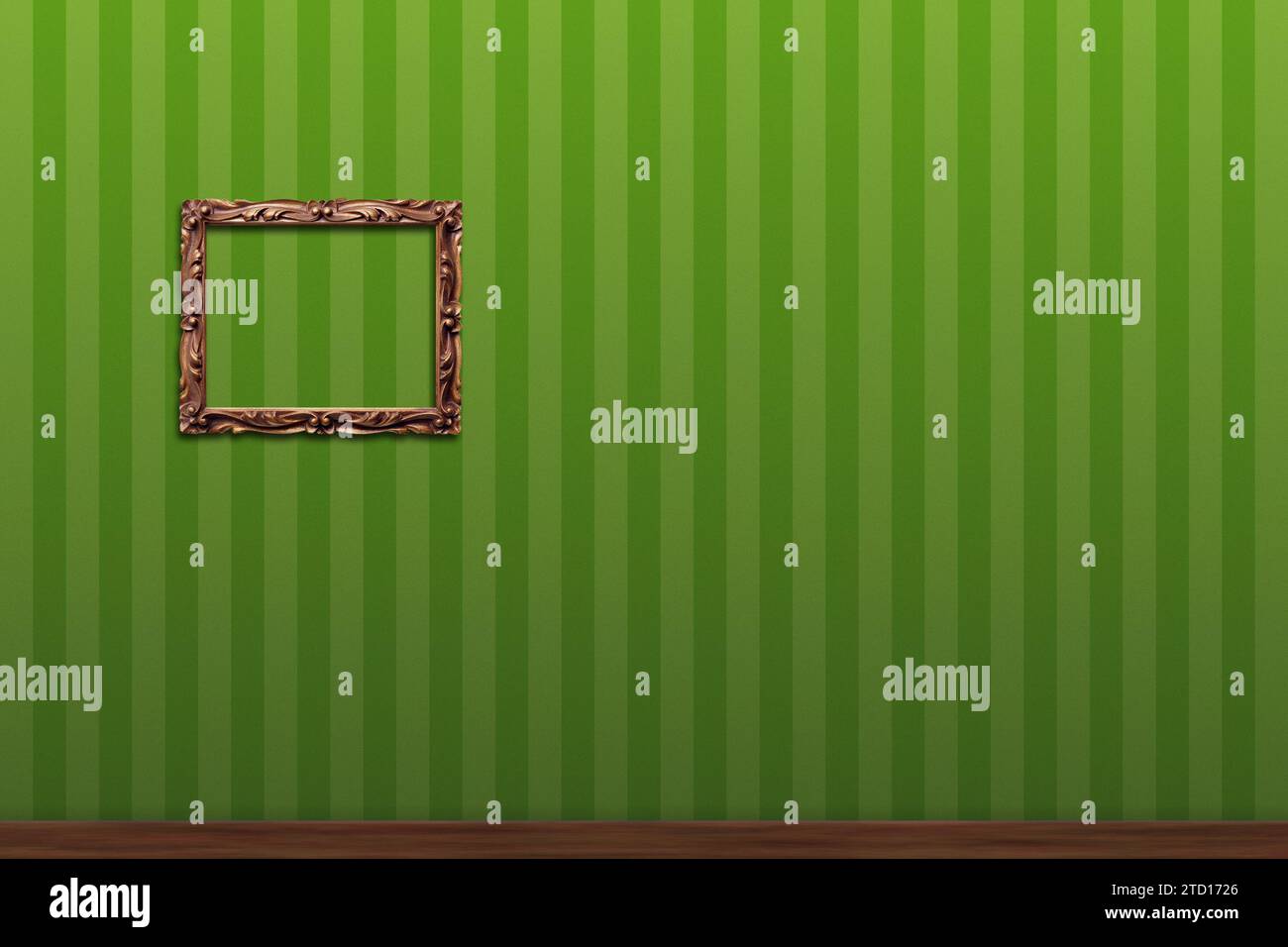 interno con carta da parati a righe verdi e cornice dorata vuota decorata, elemento di design Foto Stock