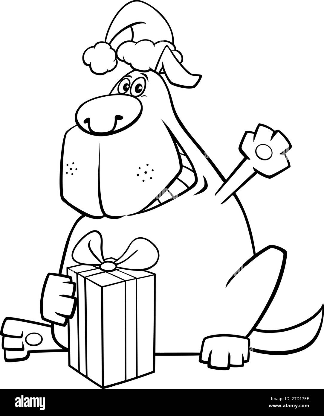 Illustrazione a cartoni animati di un simpatico personaggio di cane con pagina da colorare regalo di Natale Illustrazione Vettoriale