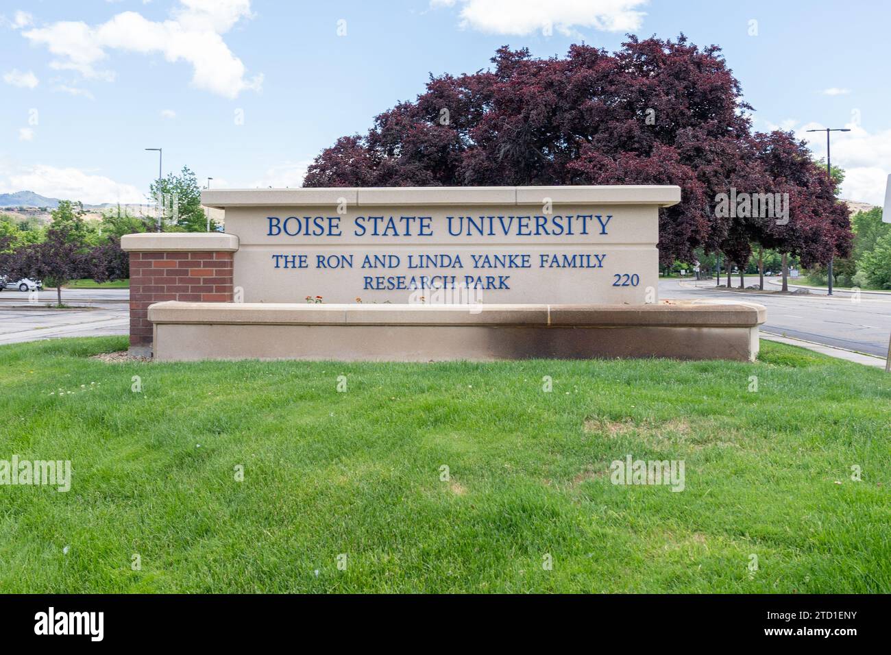 Il cartello per la Boise State University e il Ron and Linda Yanke Family Research Park a Boise, Idaho, Stati Uniti Foto Stock