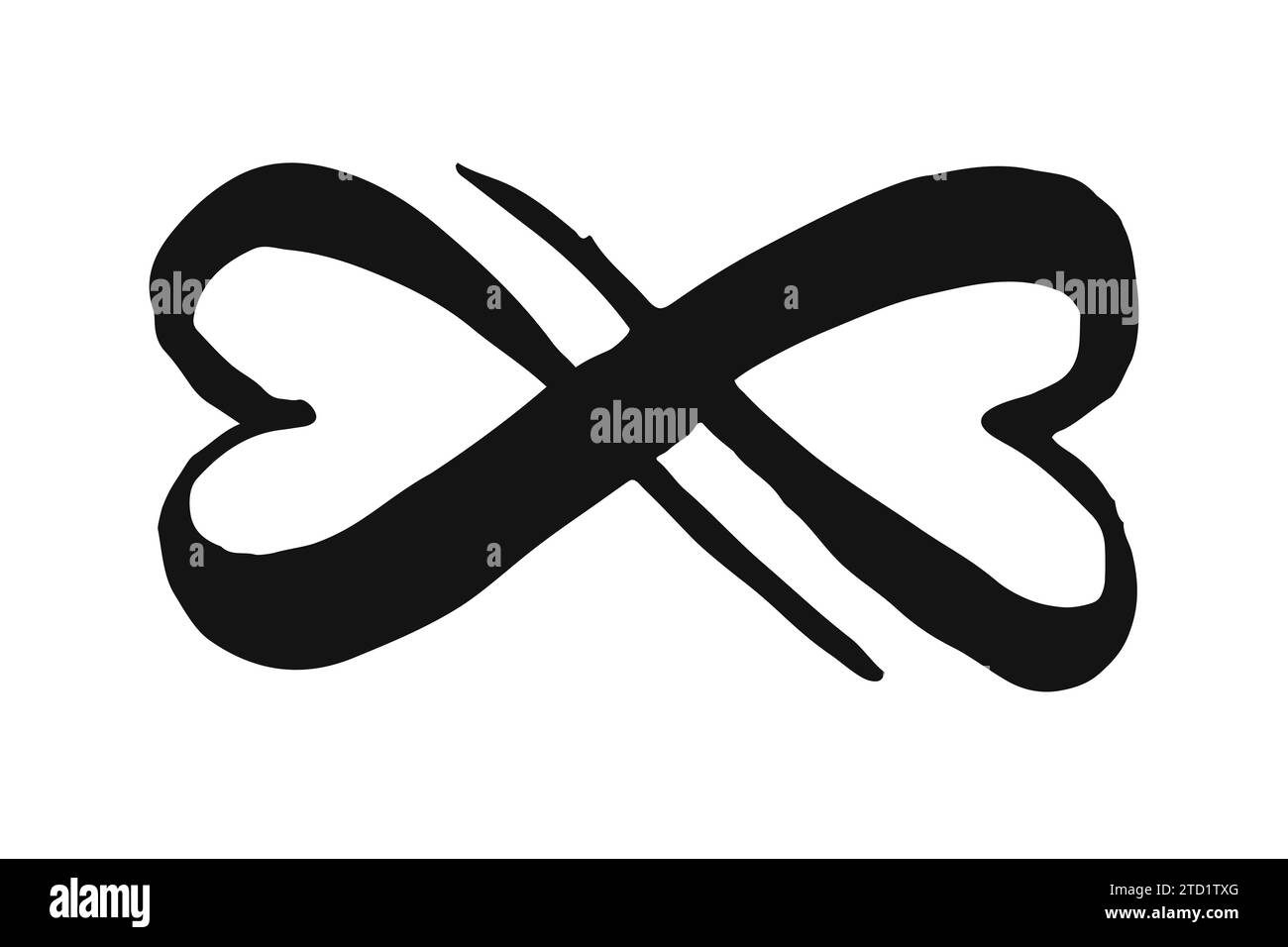 Simbolo infinito con due cuori che si intersecano. Dipinto a mano con vernice nera. Corsa spazzola a grunge. Illustrazione vettoriale. Illustrazione Vettoriale