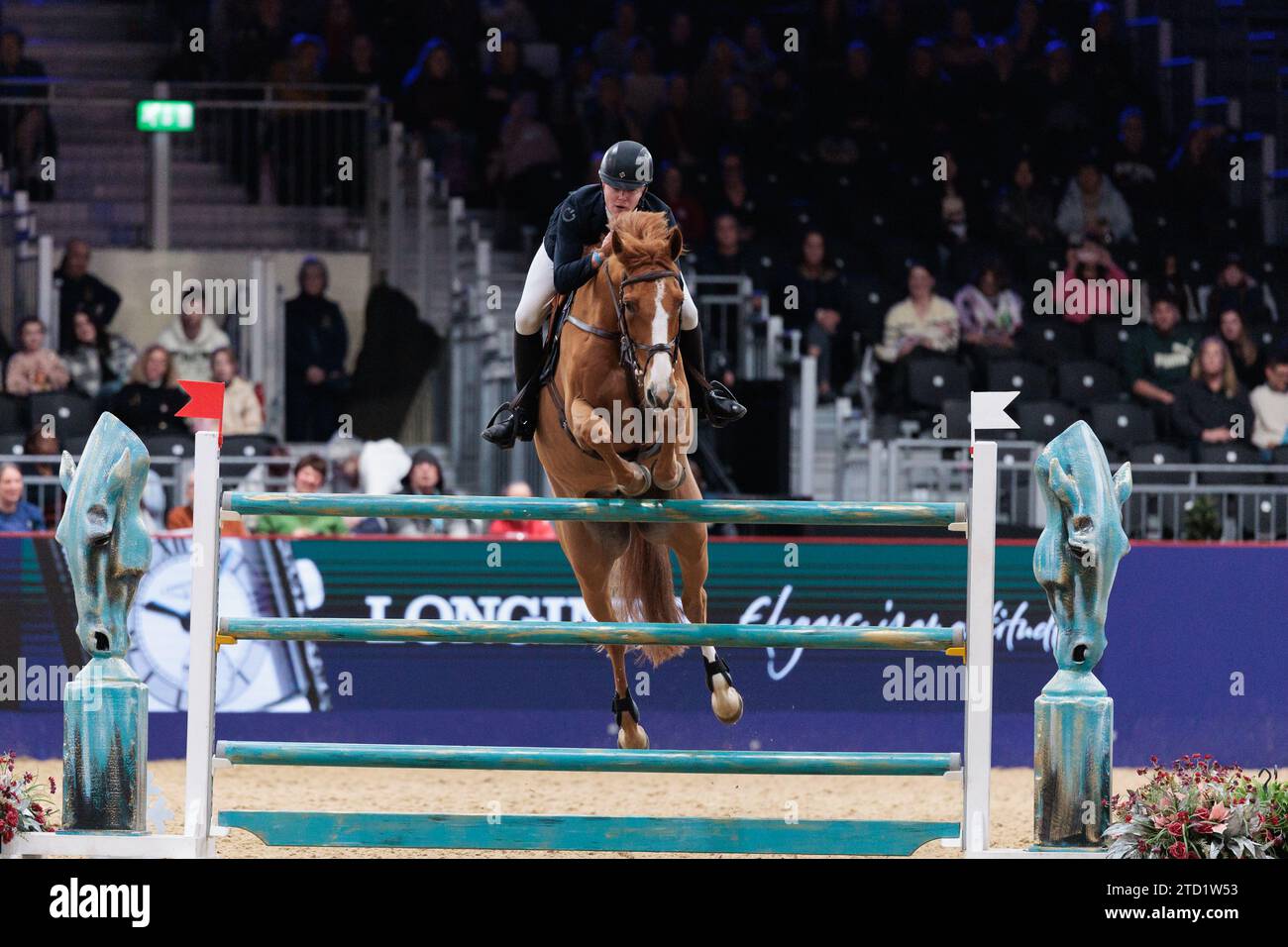 Londra, Regno Unito. 15 dicembre 2023. Harry Charles di Gran Bretagna con Billabong du Roumois gareggia durante lo Champagne Taittinger Ivy Stakes salta fuori al London International Horse Show il 15 dicembre 2023, London Excel Centre, Regno Unito (foto di Maxime David - MXIMD Pictures) Foto Stock