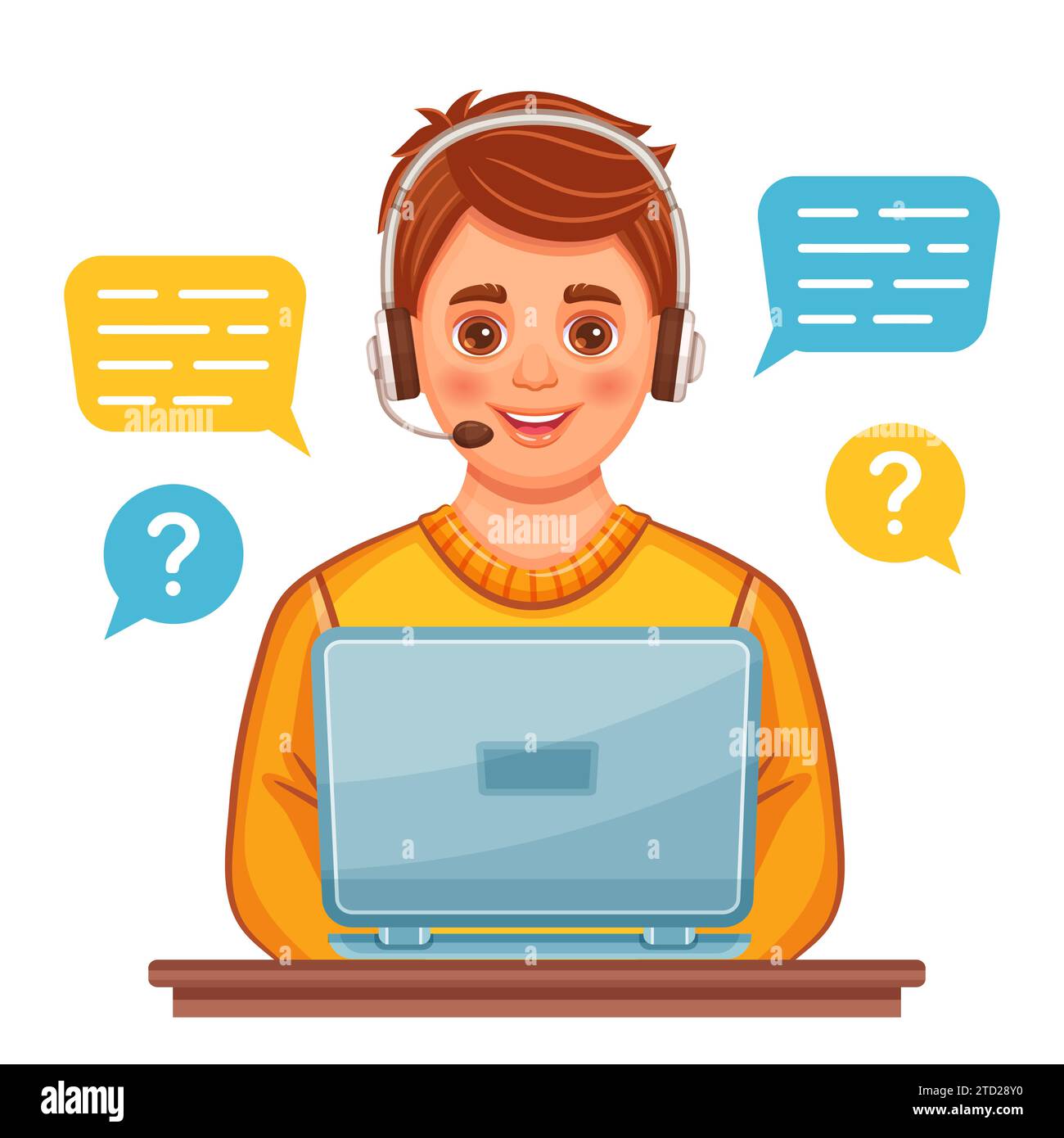 Operatore del servizio di assistenza clienti online, consulente di call center, icona di assistenza telefonica telefonica. Uomo con cuffie, computer che parla con il cliente. Vettore Illustrazione Vettoriale