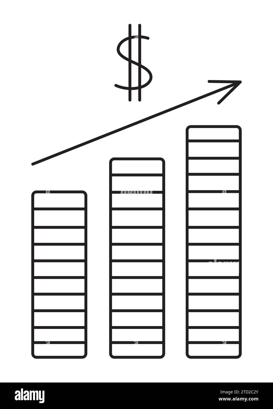 Grafico finanziario, guadagni in dollari. Semplice illustrazione vettoriale della linea nera della crescita salariale e dell'aumento del reddito Illustrazione Vettoriale