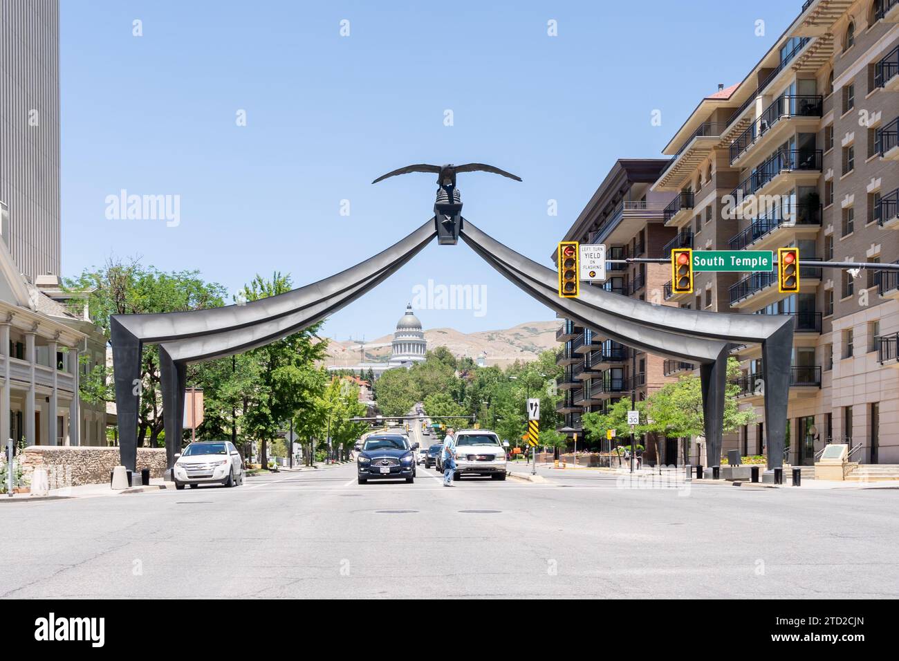 Eagle Gate Monument a Salt Lake City, Utah, Stati Uniti Foto Stock