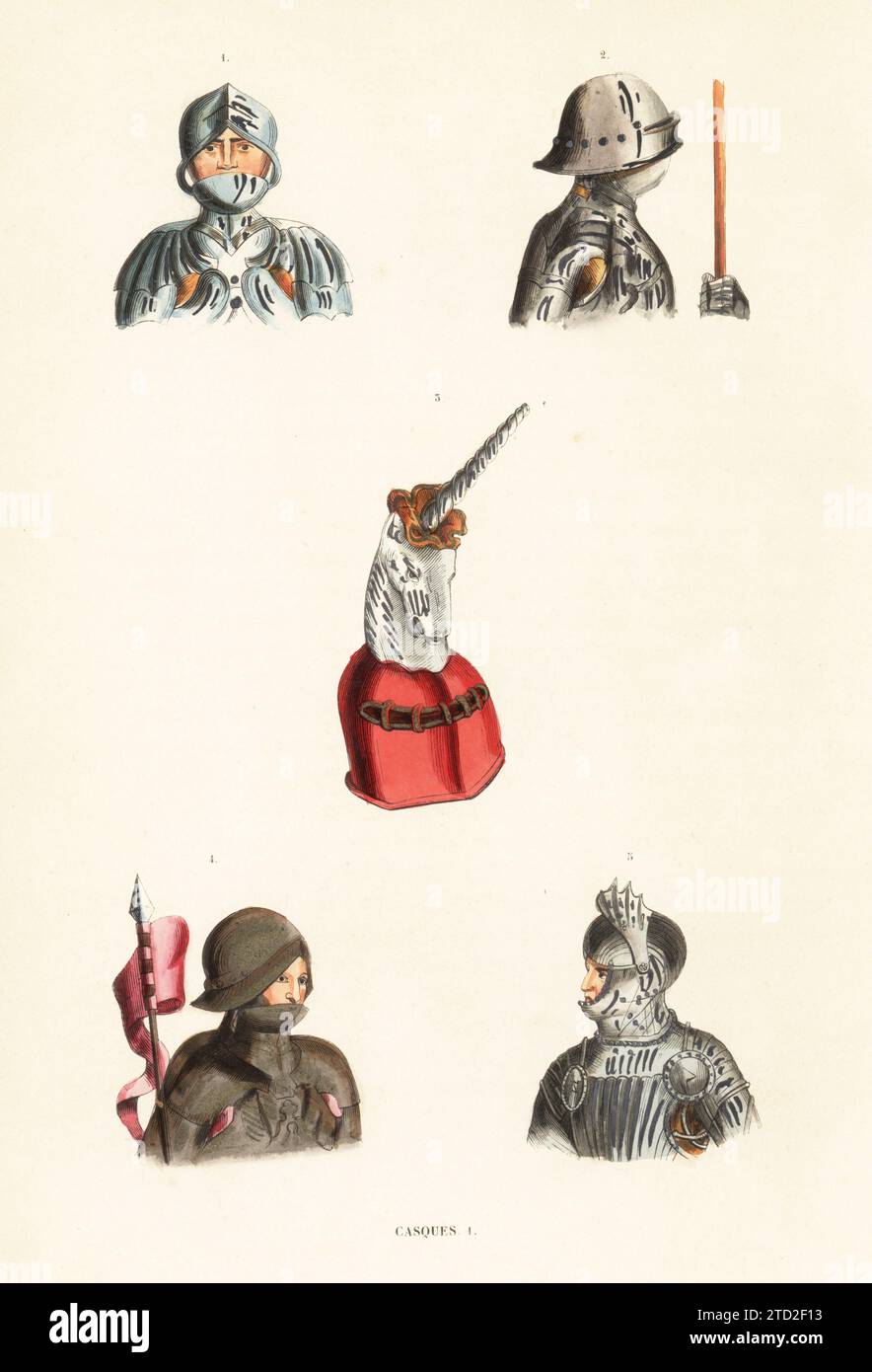 Uomini con caschi da basso per Battle 1,2,4, caschi da torneo in pelle rossa con stemma testa unicorno della chiesa di Krelingen, Tauber 3, e cavaliere con casco bourguignote con visiera e protezione collo, XVI secolo 5. Incisione in legno a mano da Costume du Moyen Age di Jacques Joseph van Beveren, Costume medievale, Librairie Historique-Artistique, Bruxelles, 1847. Foto Stock