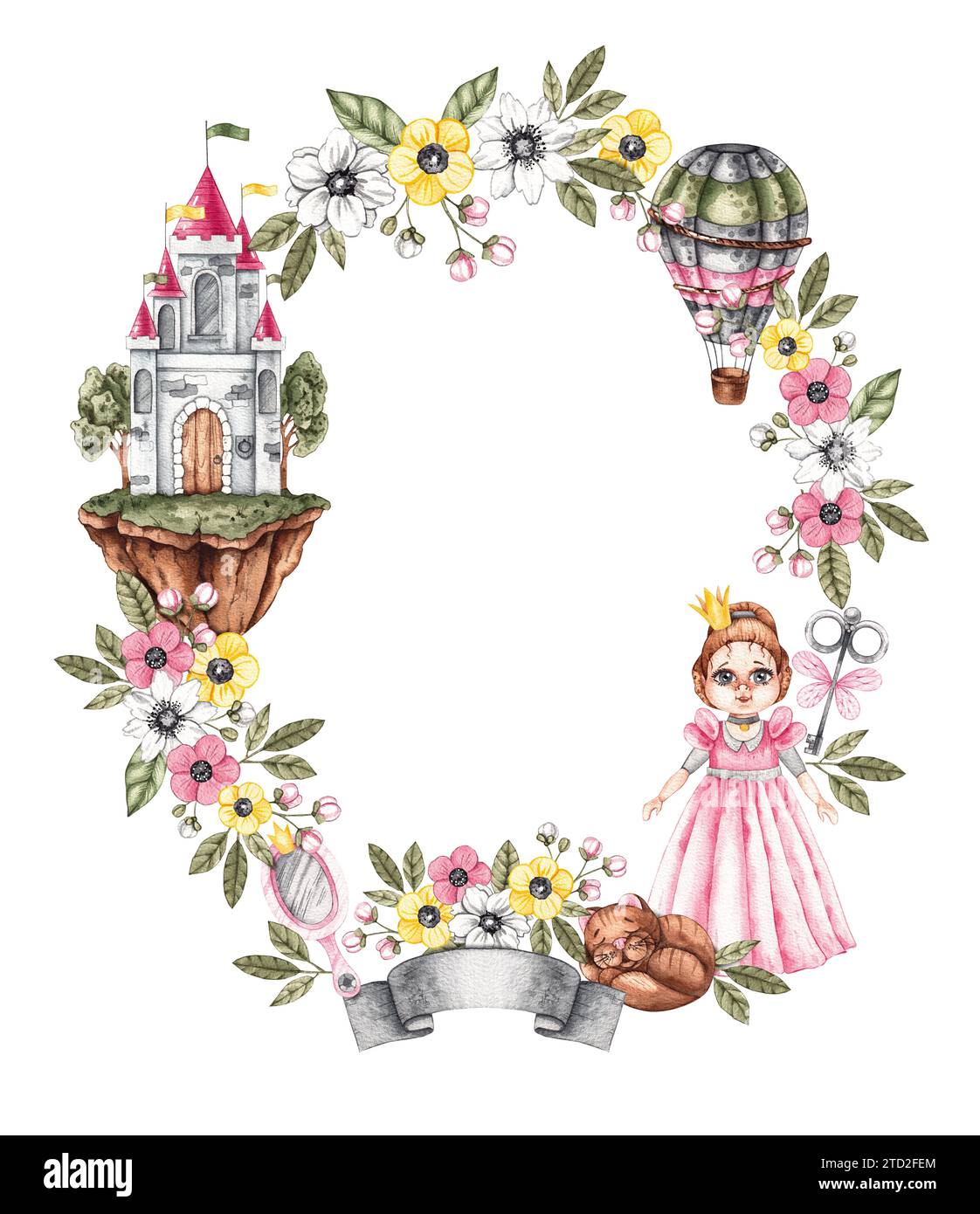Cornice per bambini acquerello con principessa, castelli in aria, accessori e fiori su bianco. Cornice per bambini isolata su bianco per la progettazione di libri, gif Foto Stock