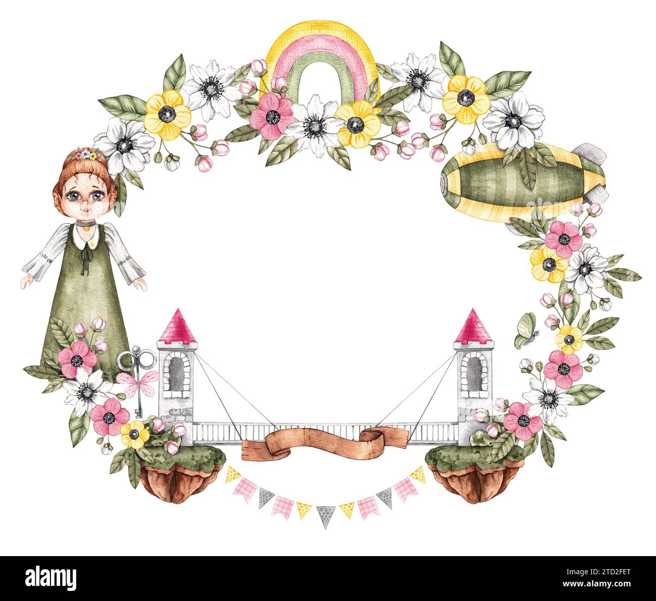 Cornice per bambini acquerello con principessa, castelli in aria, accessori e fiori su bianco. Cornice per bambini isolata su bianco per la progettazione di libri, gif Foto Stock