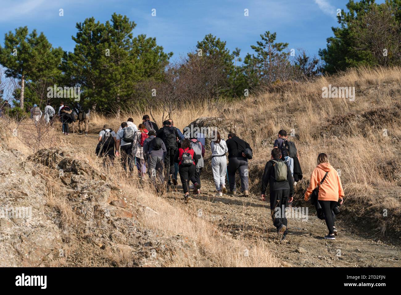 Le persone che amano gli sport della natura camminano nella natura con i loro zaini. Foto Stock
