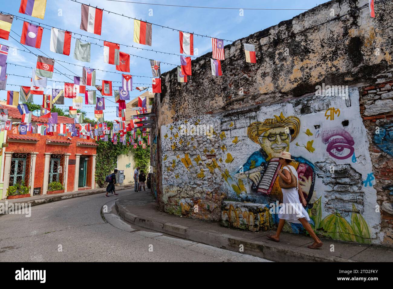 Un murale dello scrittore Gabriel Garcia Marquez adorna il distretto di Getsemani, Cartagena, Colombia Foto Stock