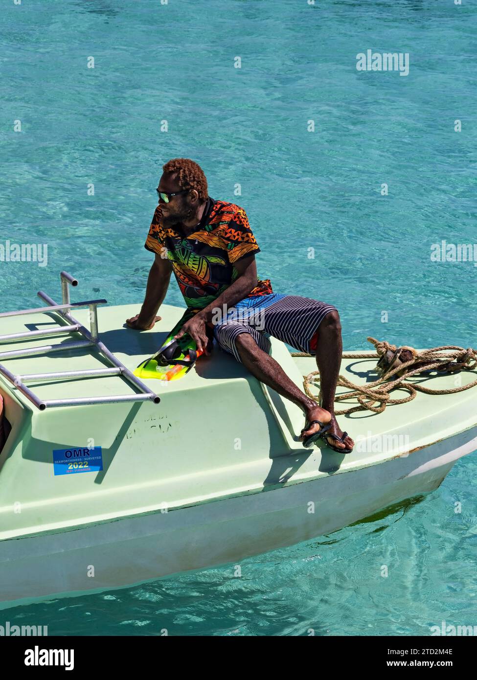 La guida del tour South Pacific Cruise / Aneityum si prepara per i passeggeri della nave da crociera dalla visita di Carnival Splendor a Mystery Island. Dopo la partenza da S Foto Stock