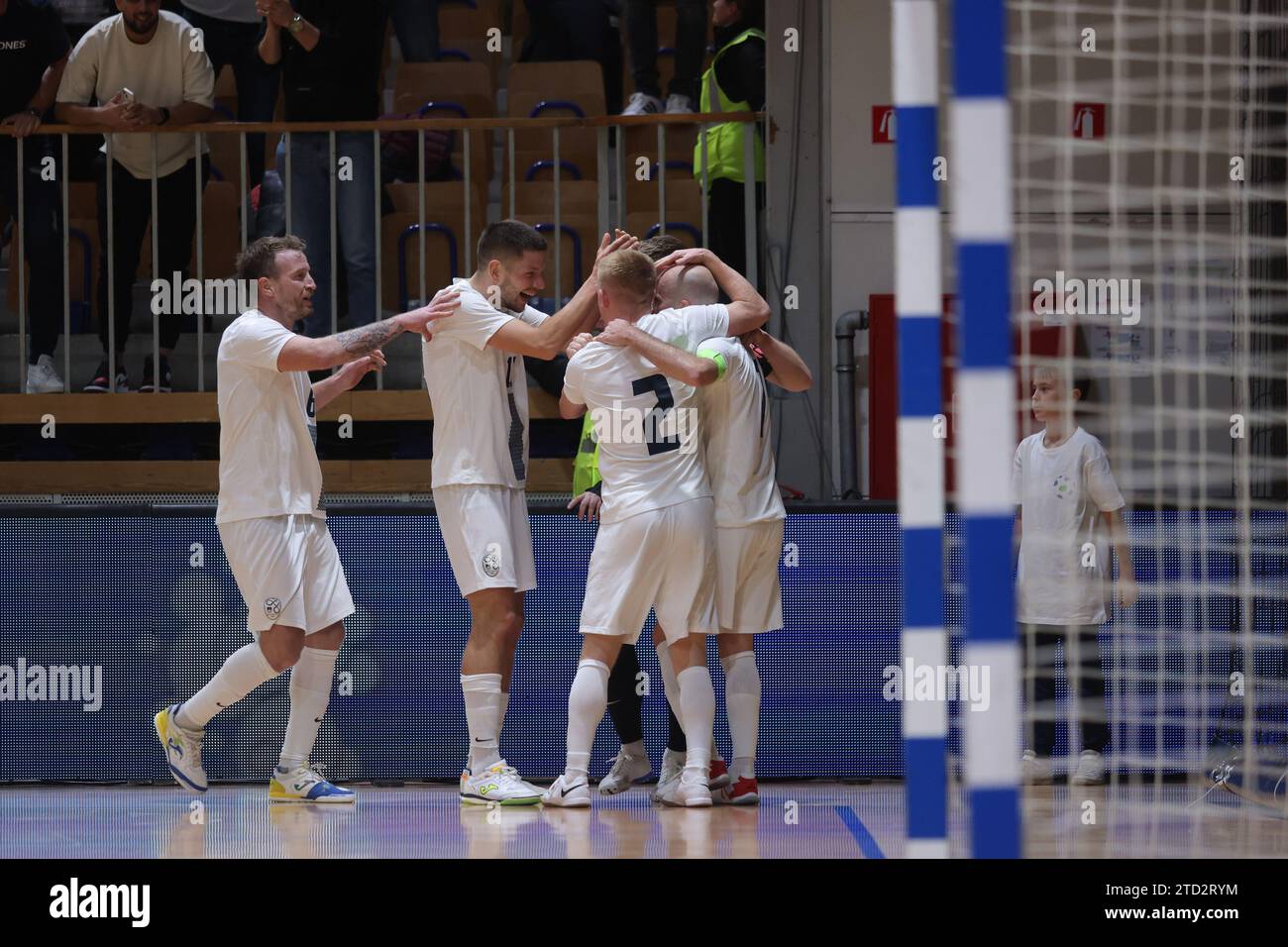 (231216) -- LUBIANA, 16 dicembre 2023 (Xinhua) -- i giocatori sloveni celebrano la vittoria dopo la partita di qualificazione alla Coppa del mondo di calcio tra Slovenia e Italia a Lubiana, Slovenia, il 15 dicembre 2023. (Foto di Zeljko Stevanic/Xinhua) Foto Stock