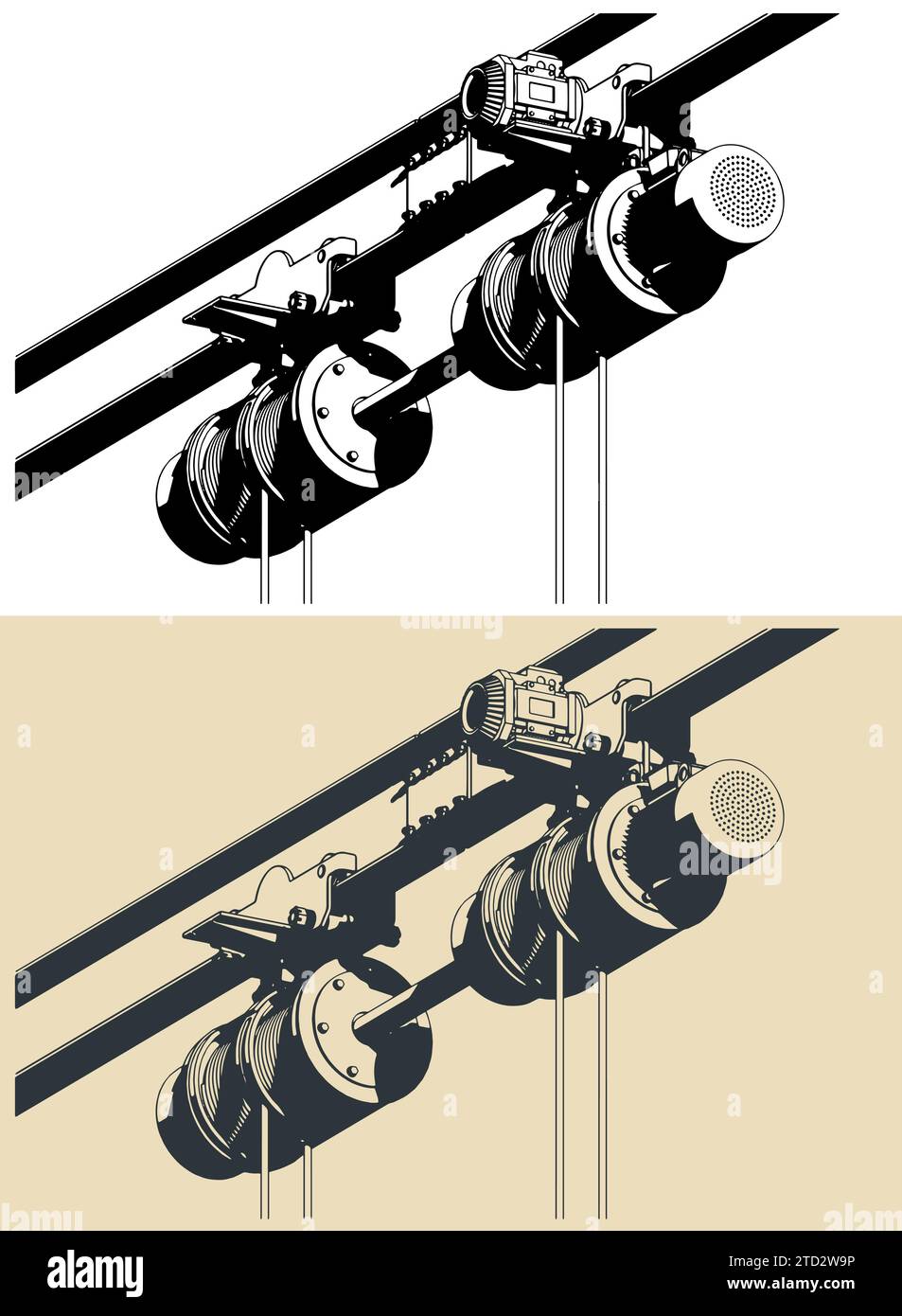 Illustrazioni vettoriali stilizzate del paranco e dei verricelli per l'intelaiatura di sostegno Illustrazione Vettoriale