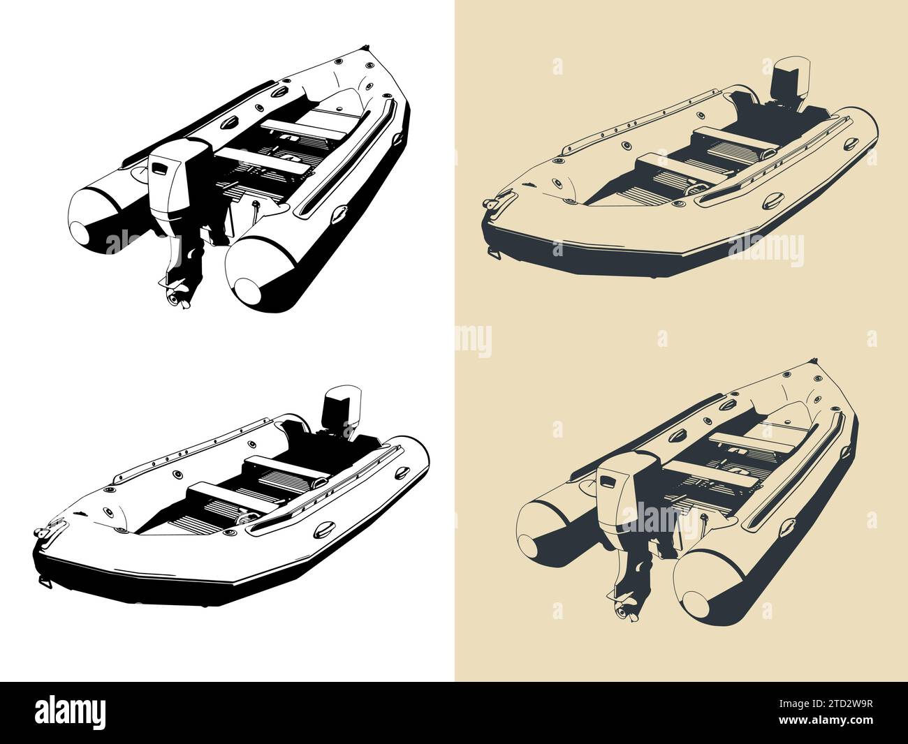 Illustrazioni vettoriali stilizzate dell'imbarcazione a motore gonfiabile Illustrazione Vettoriale