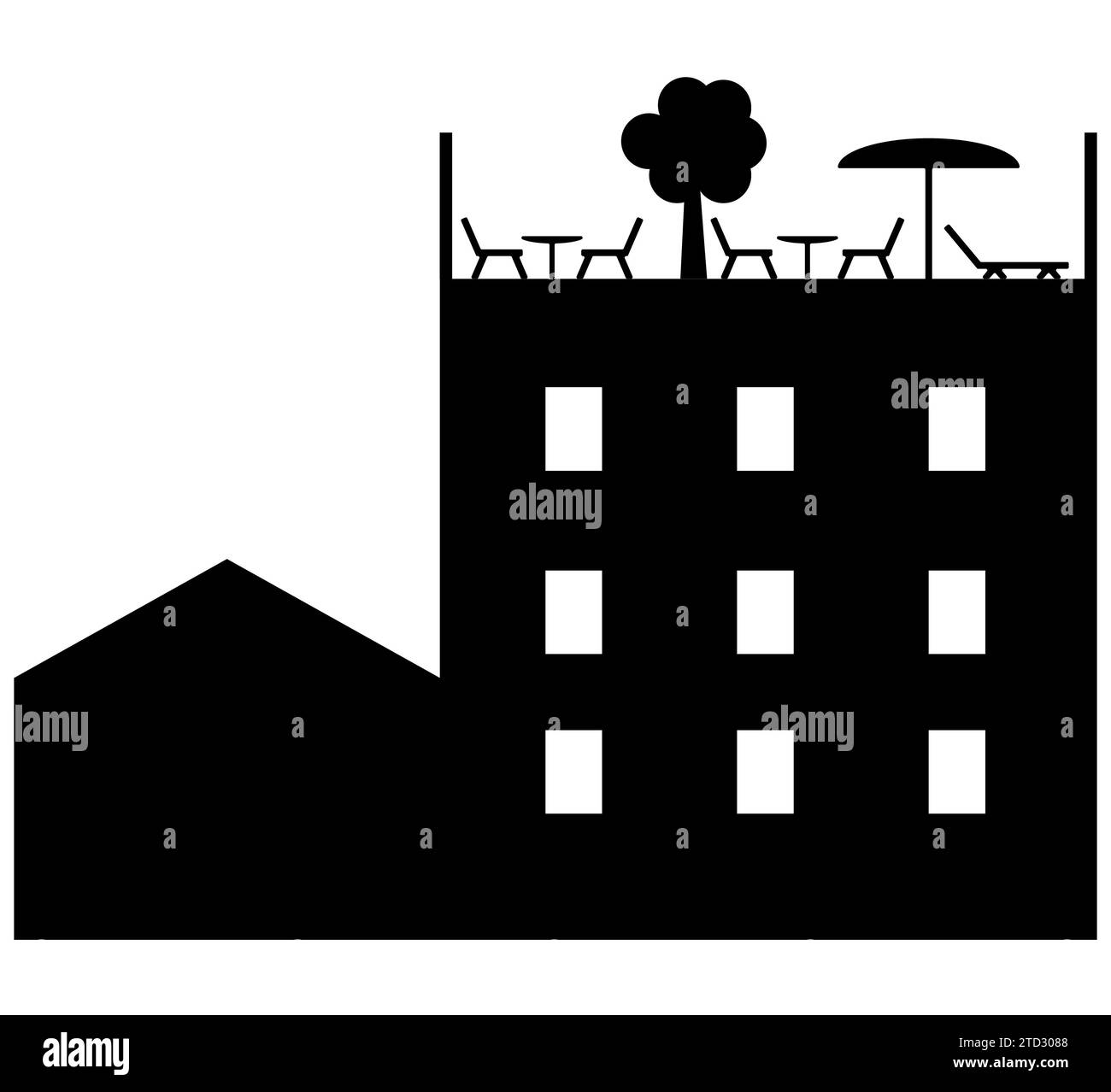 Icona del tetto. Spazio giardino sul cartello sul tetto. Simbolo zona Sky Park. piatto. Foto Stock