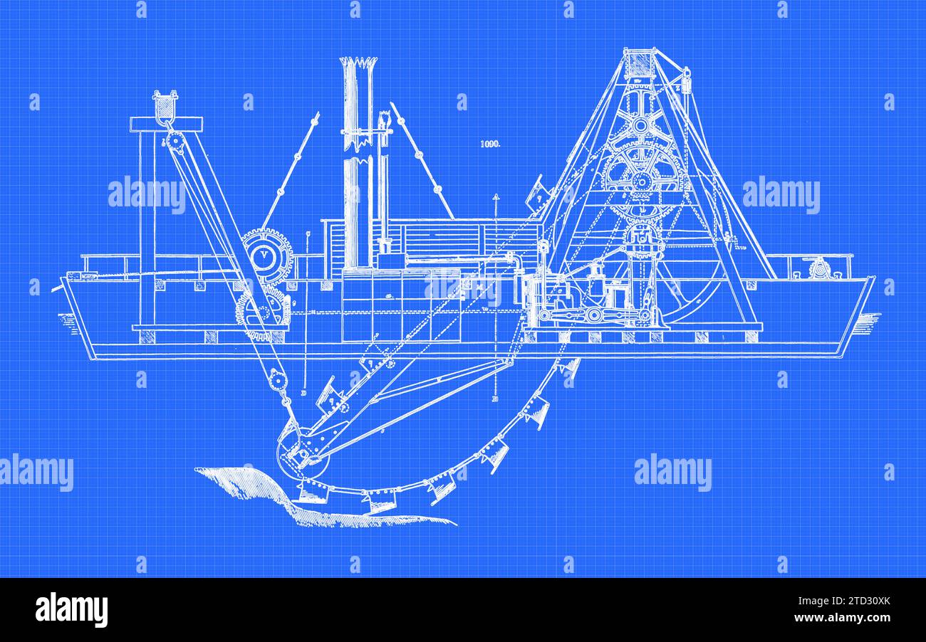 Macchina di dragaggio, illustrazione. Il dragaggio viene effettuato in vari modi, sia mediante trascinamenti, sia con paletti, rastrelli o macchine. Dal dizionario di macchine, meccanici, motori e ingegneria di Appleton di D Appleton and Company. Data di pubblicazione 1874. Foto Stock
