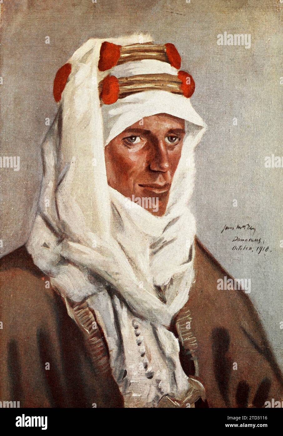 Colonnello Thomas Edward Lawrence (1888-1935), un archeologo, ufficiale dell'esercito, diplomatico e scrittore britannico, meglio conosciuto come Lawrence d'Arabia. From 'Nile to Aleppo' di Hector Dinning, illustrato da James McBey, 1920. Foto Stock