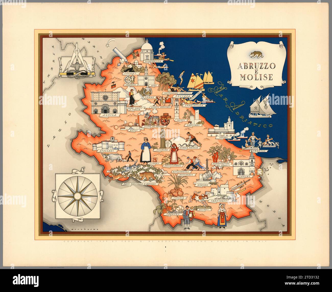 Mappa illustrata di Abruzzo e Molise, Italia. Città e città etichettate. Da "Italia" di Giovanni De Agostini, opera di Vsevolod Petrovic Nicouline. Data di pubblicazione 1938. Foto Stock