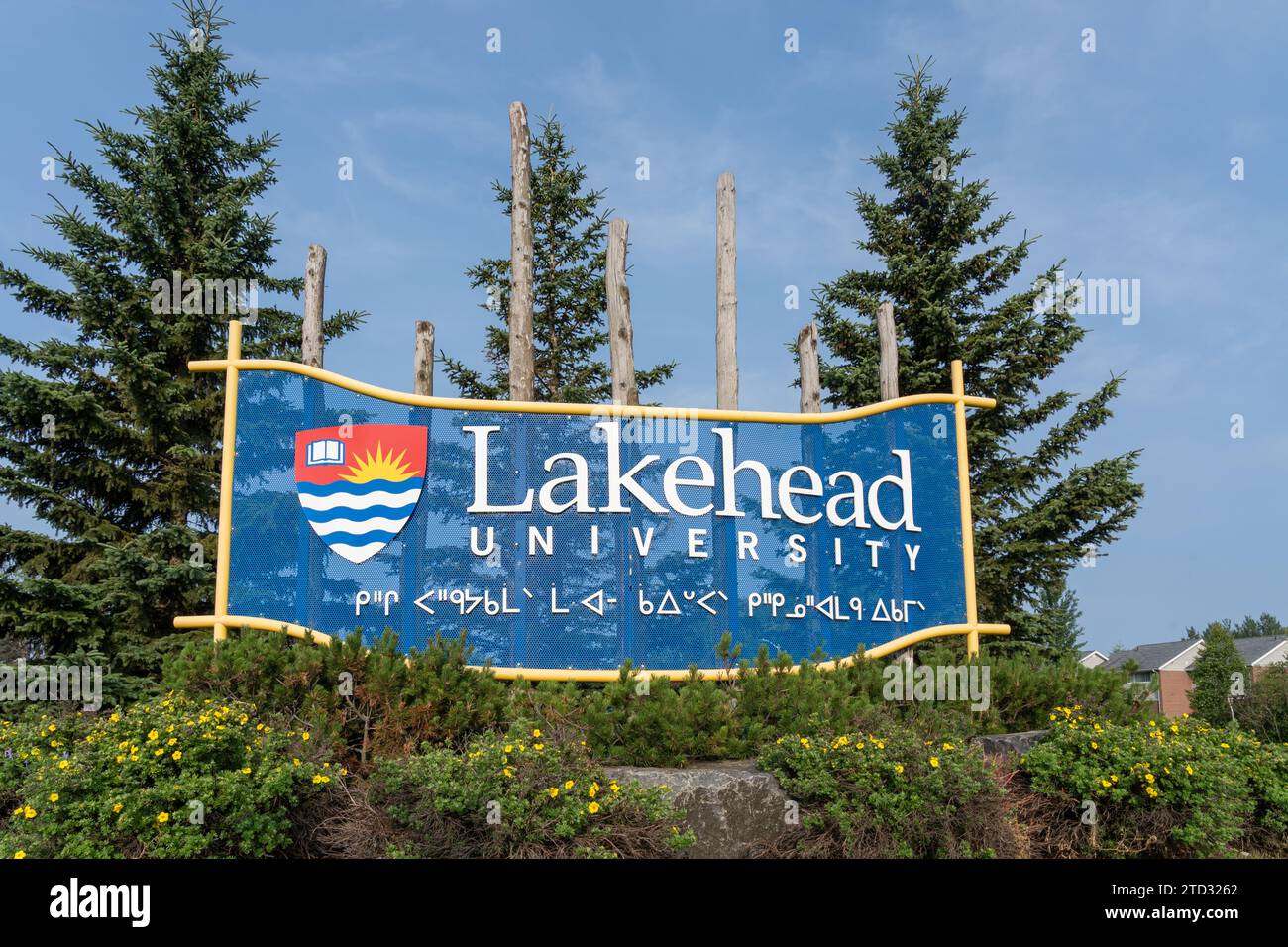 L'insegna della Lakehead University si trova nel campus di Thunder Bay, Ontario, Canada Foto Stock