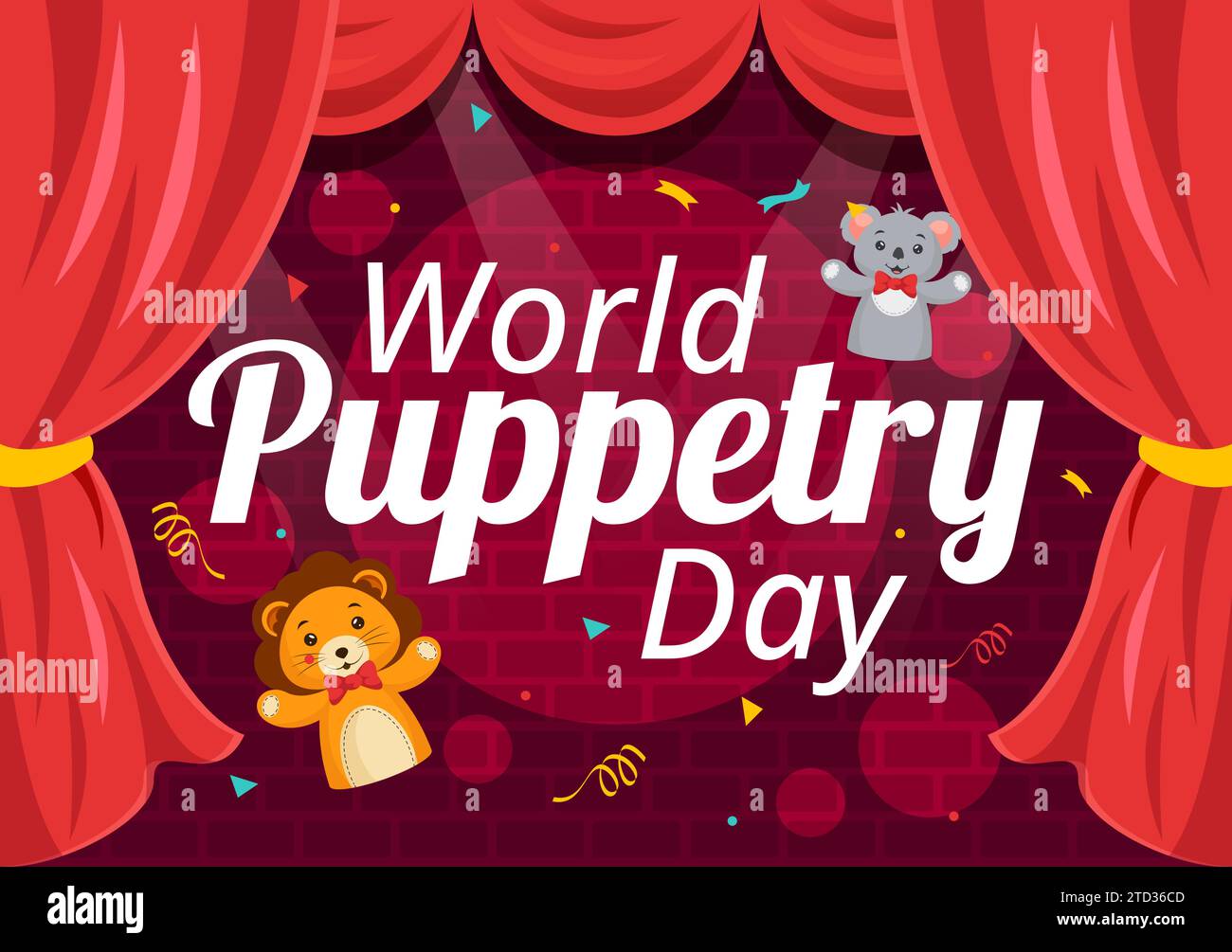 Illustrazione vettoriale del World Puppetry Day il 21 marzo per i festival dei marionetti, che viene mosso dalle mani delle dita in Flat Kids Cartoon background Design Illustrazione Vettoriale