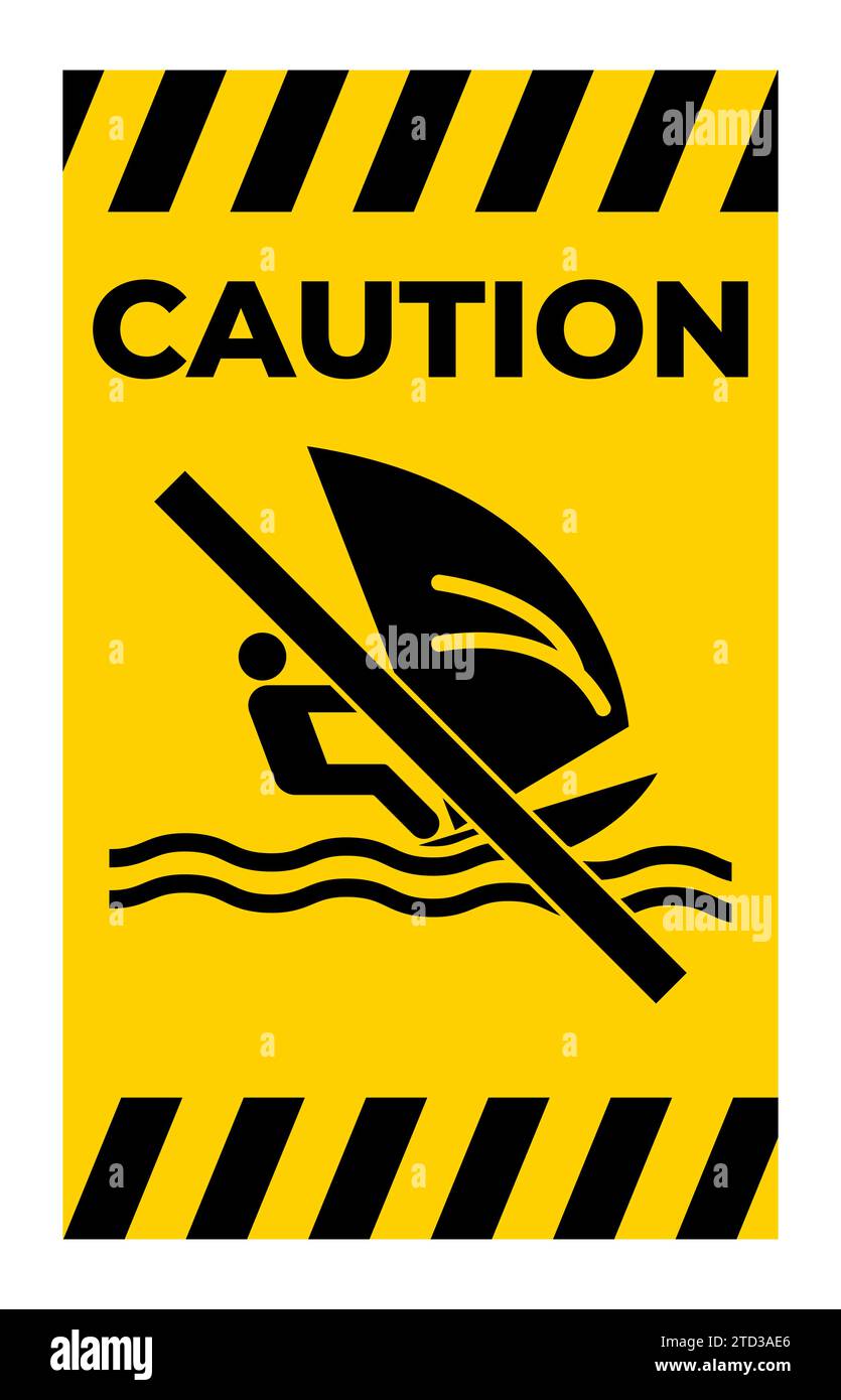 Cartello di sicurezza per l'acqua attenzione, non è consentito praticare windsurf Illustrazione Vettoriale