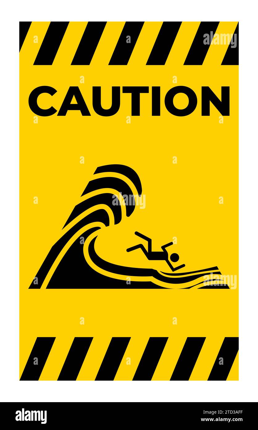 Il segnale di avvertenza pericolo spiaggia, il Surf alto può causare annegamento e lesioni. Non uscire se hai dubbi Illustrazione Vettoriale