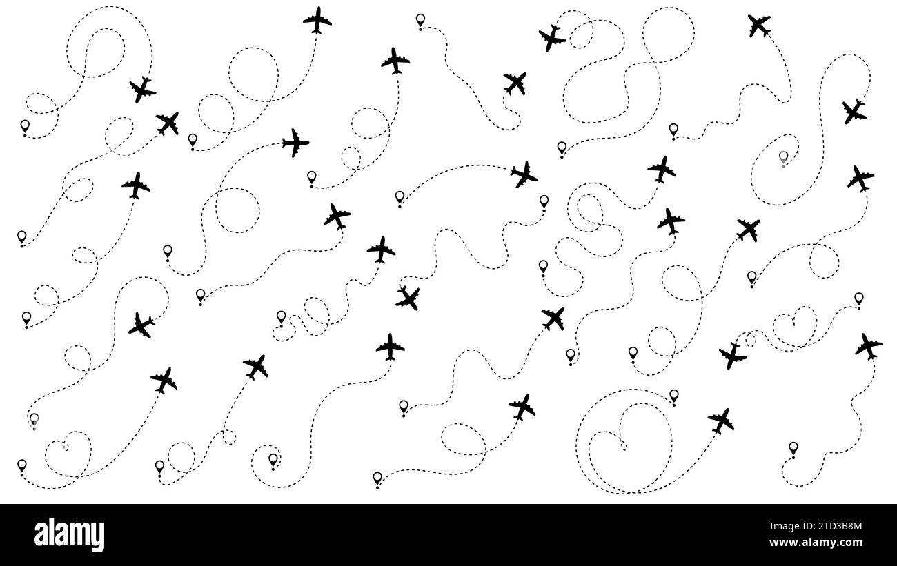 Percorso percorso aereo o aereo impostato. Concetto di viaggio dal punto di partenza e tracciamento delle linee tratteggiate. Tracciamento degli aeromobili, percorso aereo, viaggio, pin della mappa, posizione Illustrazione Vettoriale