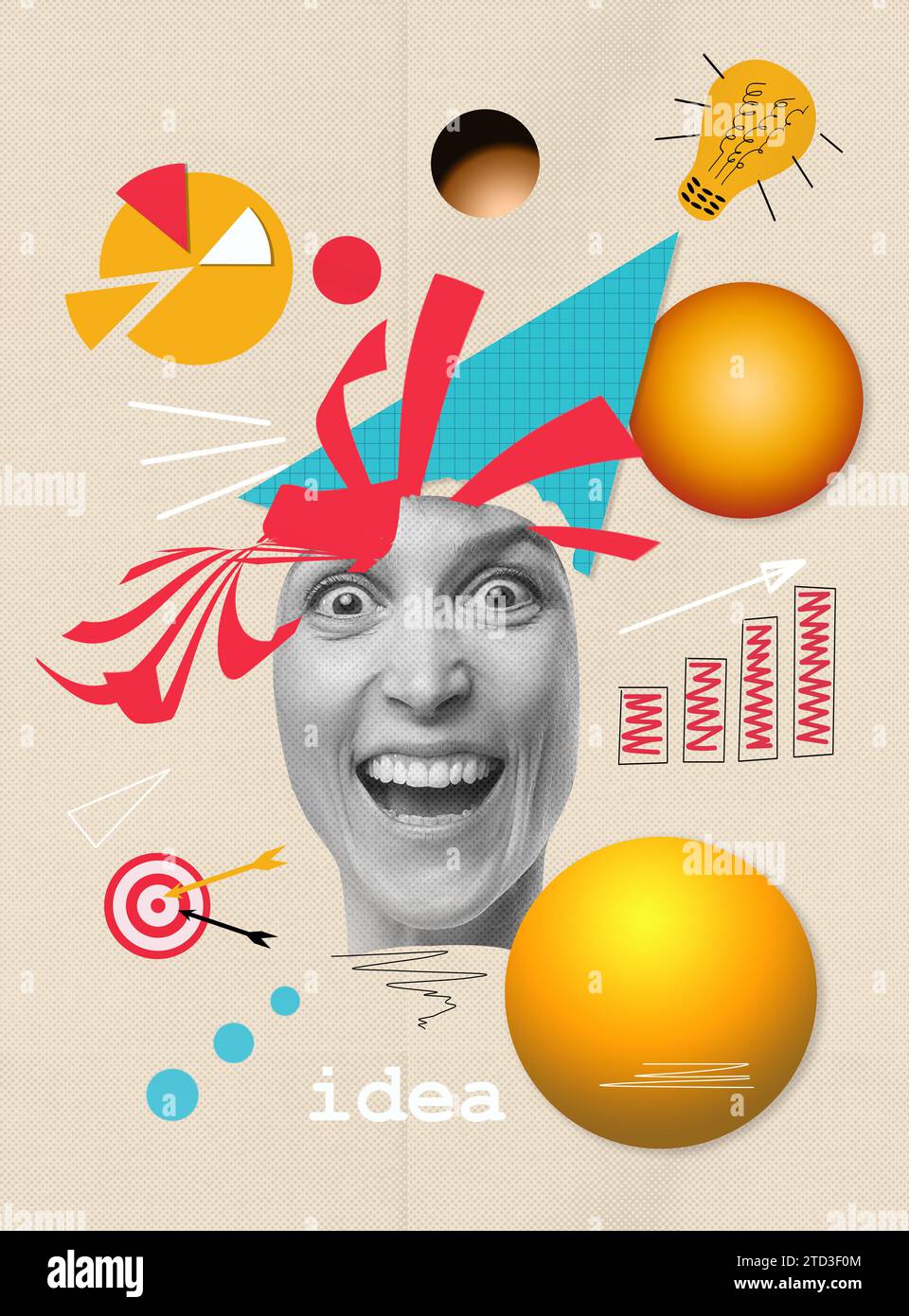 Processo di pensiero, concetto di apprendimento. Design d'arte contemporanea. Collage concettuale moderno con occhi bellissimi in stile surrealismo. Buisnesswoman su sfondo astratto a colori. Foto Stock