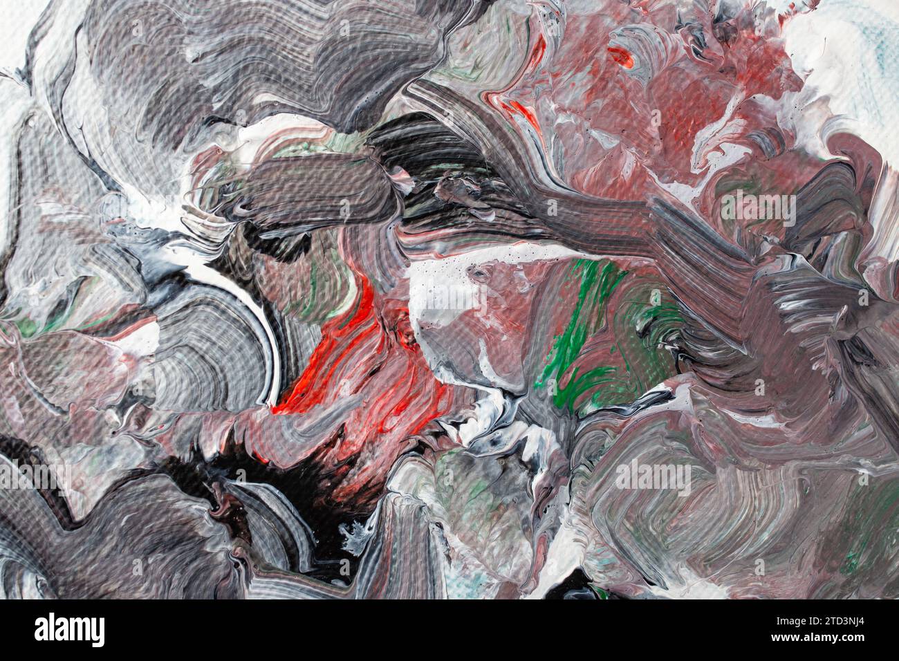 Miscela di vernice astratta con motivo casuale, rosso, verde, grigio, nero e bianco, pennellate fluide, messa a fuoco morbida in primo piano Foto Stock