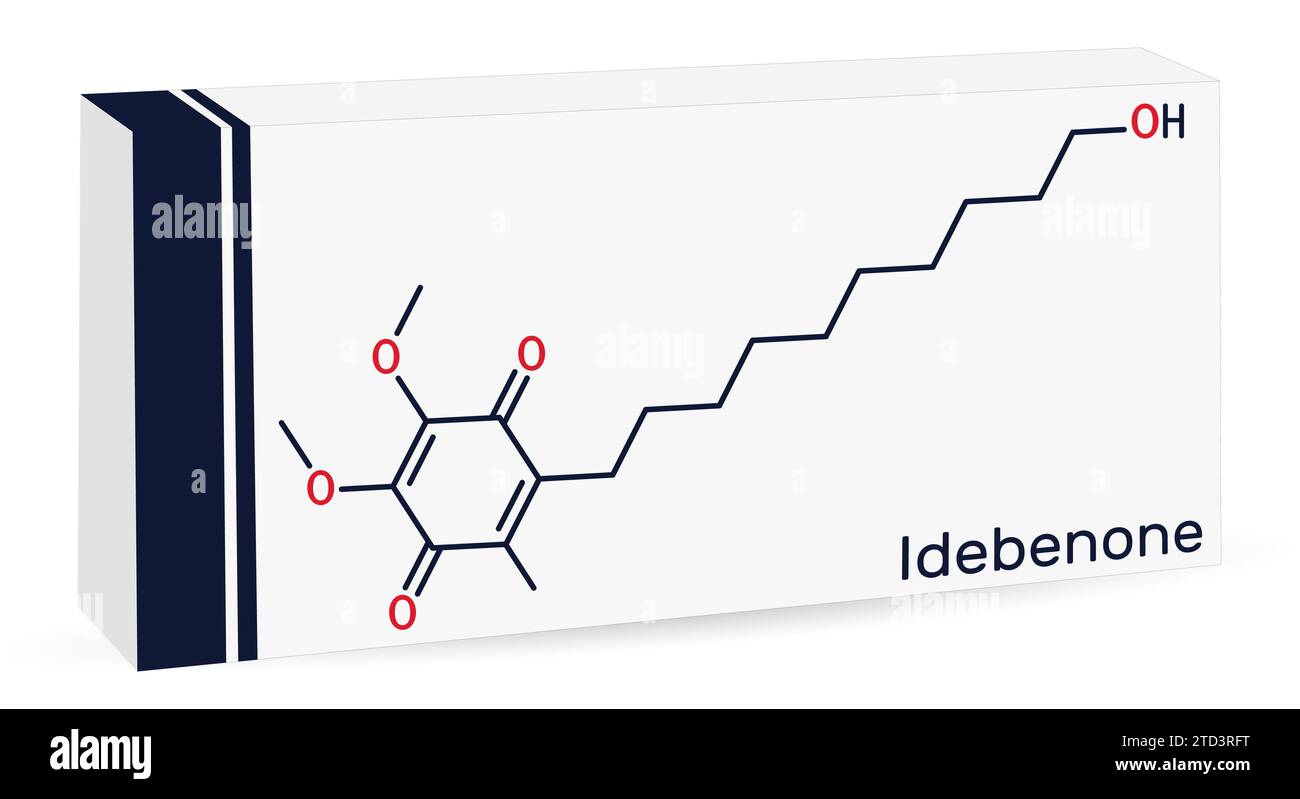 Molecola di Idebenone. È antiossidante, inibitore della ferroptosi, analogo sintetico del coenzima Q10. Confezione di carta per farmaci Illustrazione Vettoriale