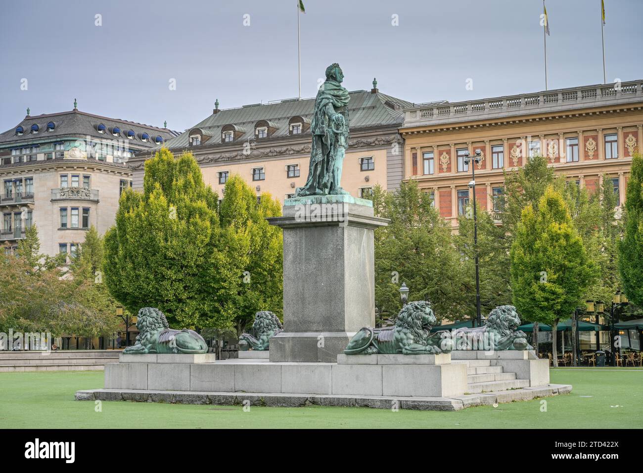 Statua di Carlo XIII, Four Lions, King's Garden Park, Kungstraedgarden, Stoccolma, Svezia Foto Stock