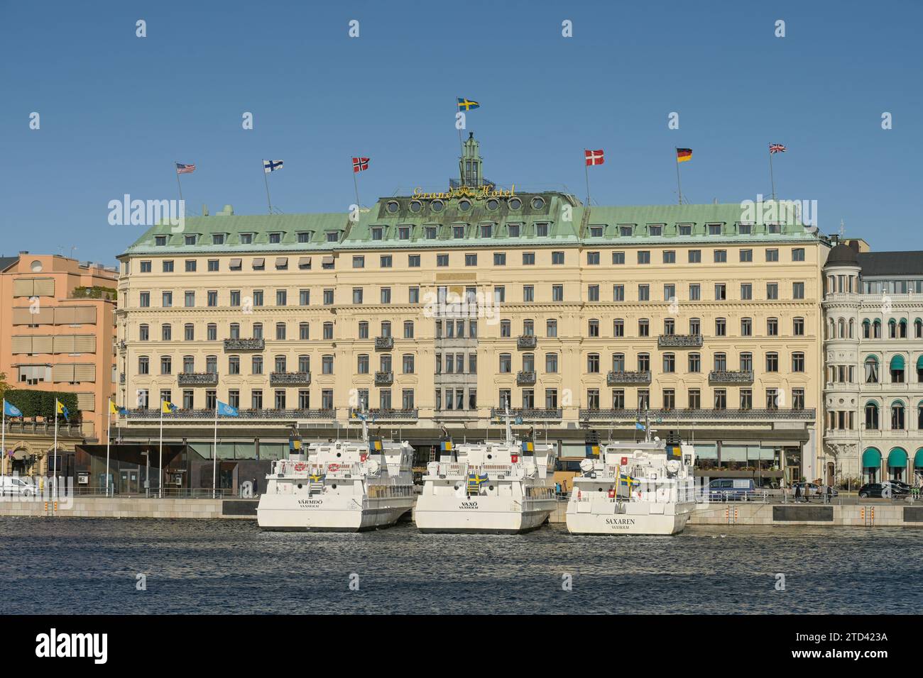 Grand Hotel, Soedra Blasieholmshamnen, Norrstroem, Svezia, Stoccolma, Svezia Foto Stock