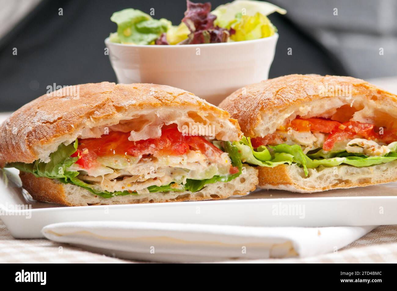 Panini con ciabatta italiana con pollo e pomodoro, fotografia gastronomica Foto Stock