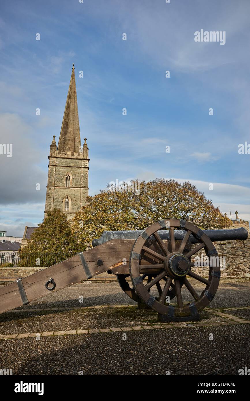 Canons on Derry Walls di fronte alla Cattedrale di St Columb, Derry/Londonderry, Irlanda del Nord Foto Stock
