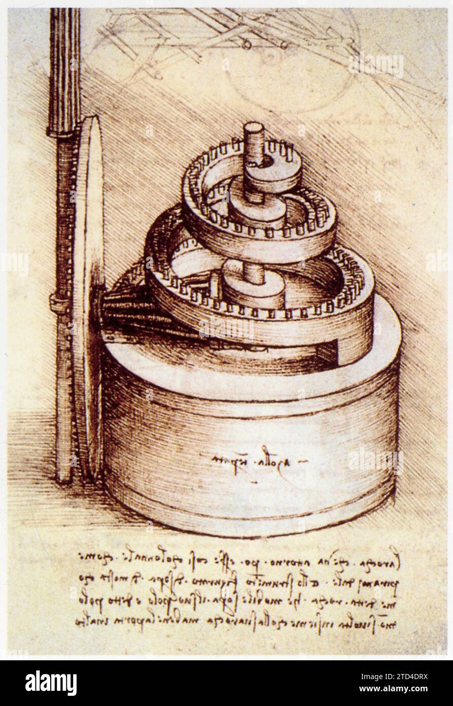 Leonardo da Vinci. Schizzo di un apparecchio per equilibrare una molla elicoidale.1494-1496 Foto Stock