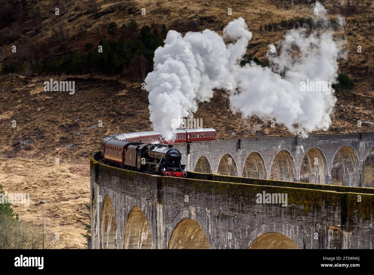 Il treno a vapore giacobita che attraversa il viadotto di Glenfinnan, Highlands, Scozia. Resa famosa dai film di Harry Potter. Foto Stock