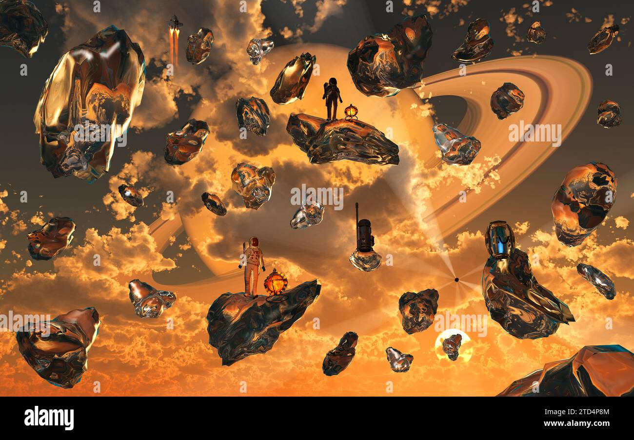 Astronauts Mining A Ring Planets Debrie Field. Foto Stock