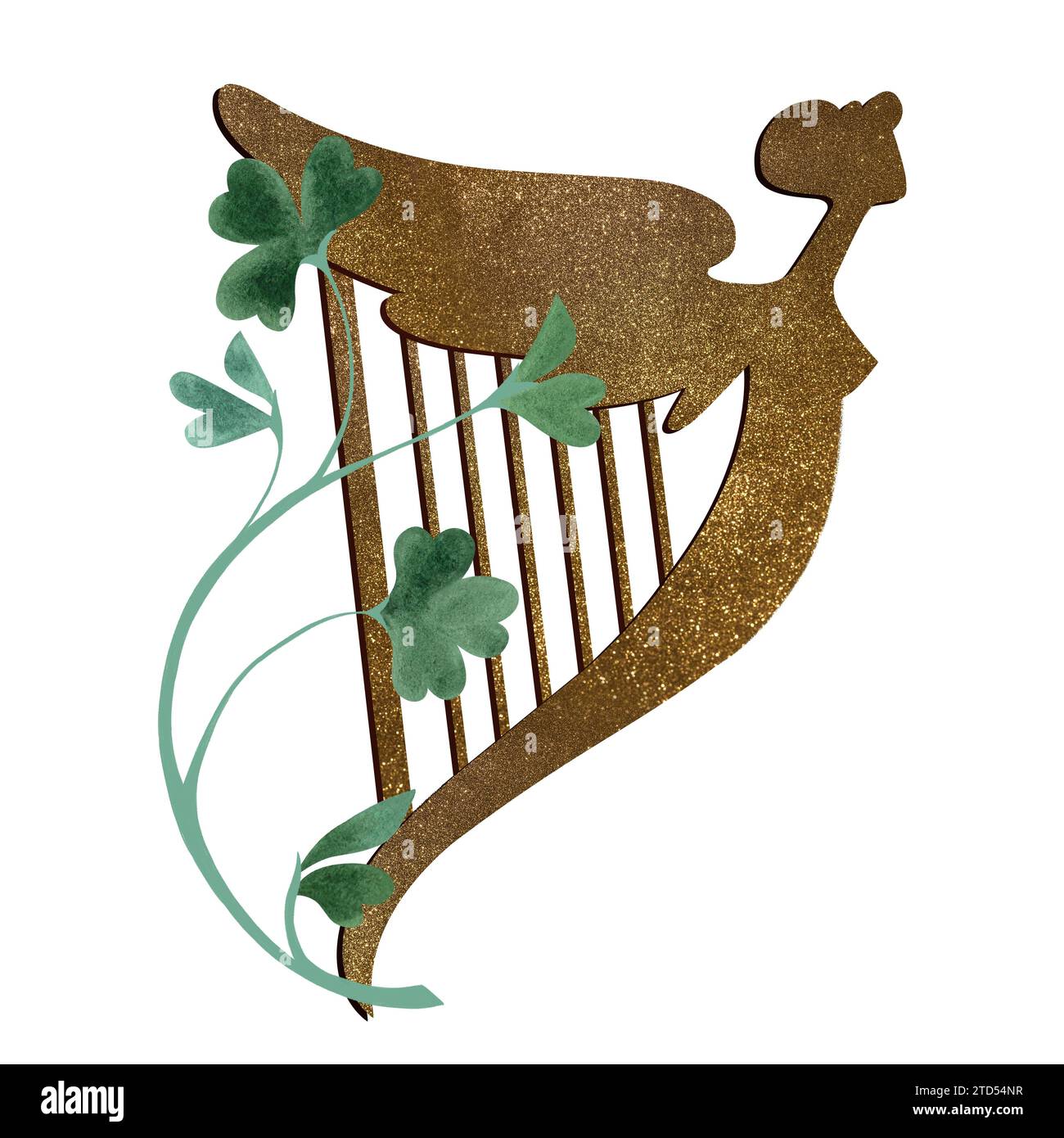 Un'arpa celtica dorata con una silhouette femminile impigliata in un trifoglio shamrock. Simbolo dell'Irlanda. St.Patrick 's Day. Illustrazione ad acquerello isolata Foto Stock