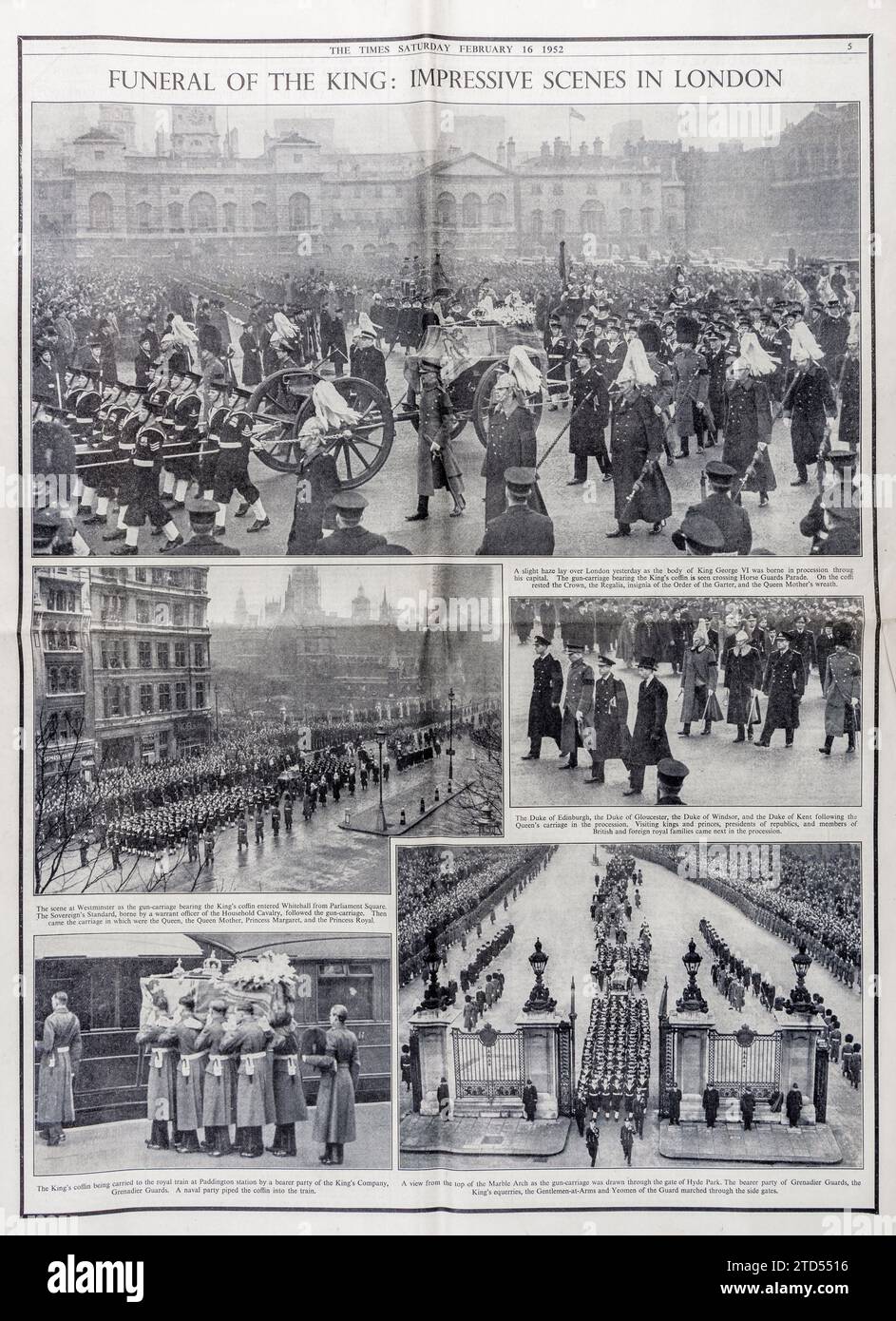 Una pagina del quotidiano The Times per il 16 febbraio 1952, che riportava i funerali di stato di re Giorgio vi, che si erano svolti a Londra il giorno precedente Foto Stock